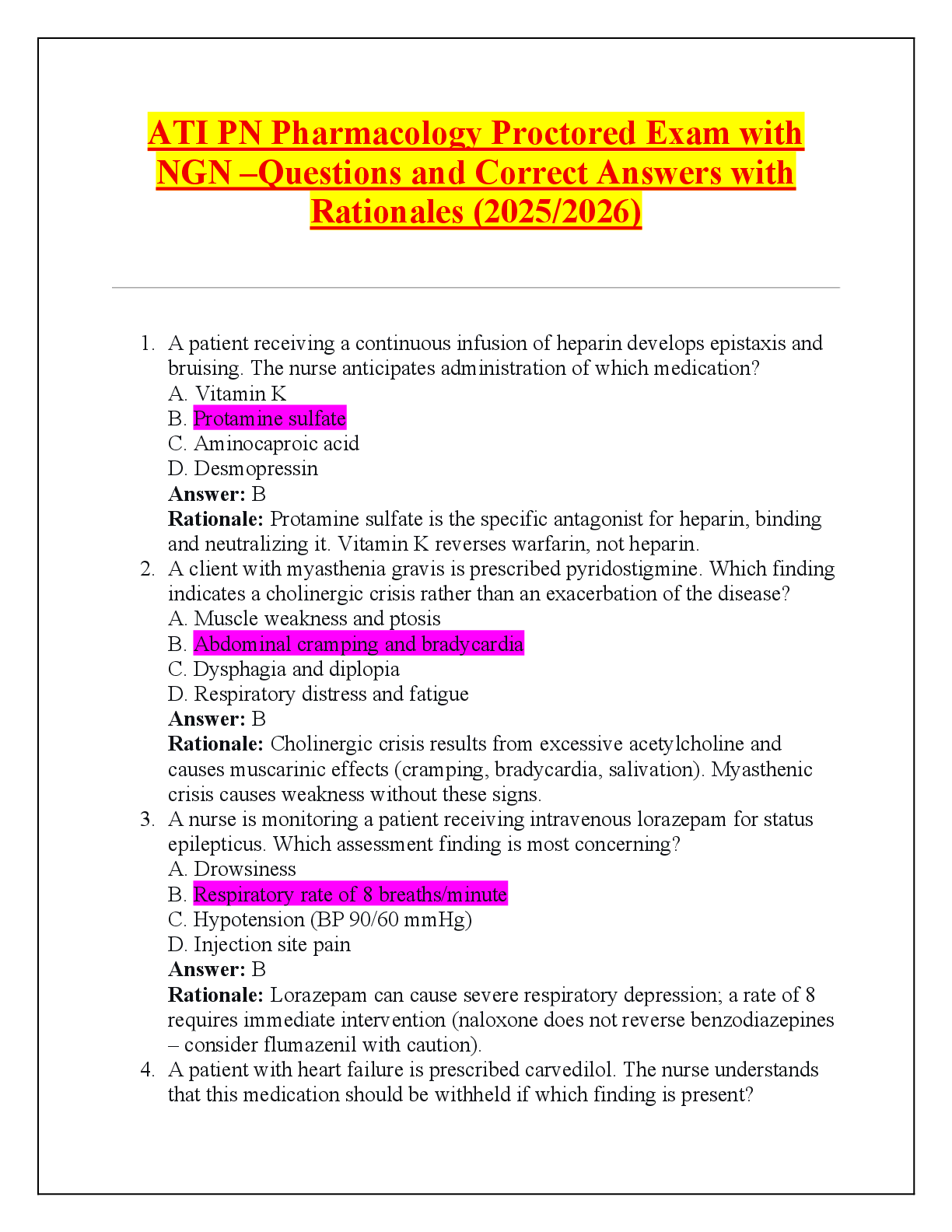 Preview of ATI PN Pharmacology Proctored Exam with  NGN –Questions and Correct Answers with  Rational