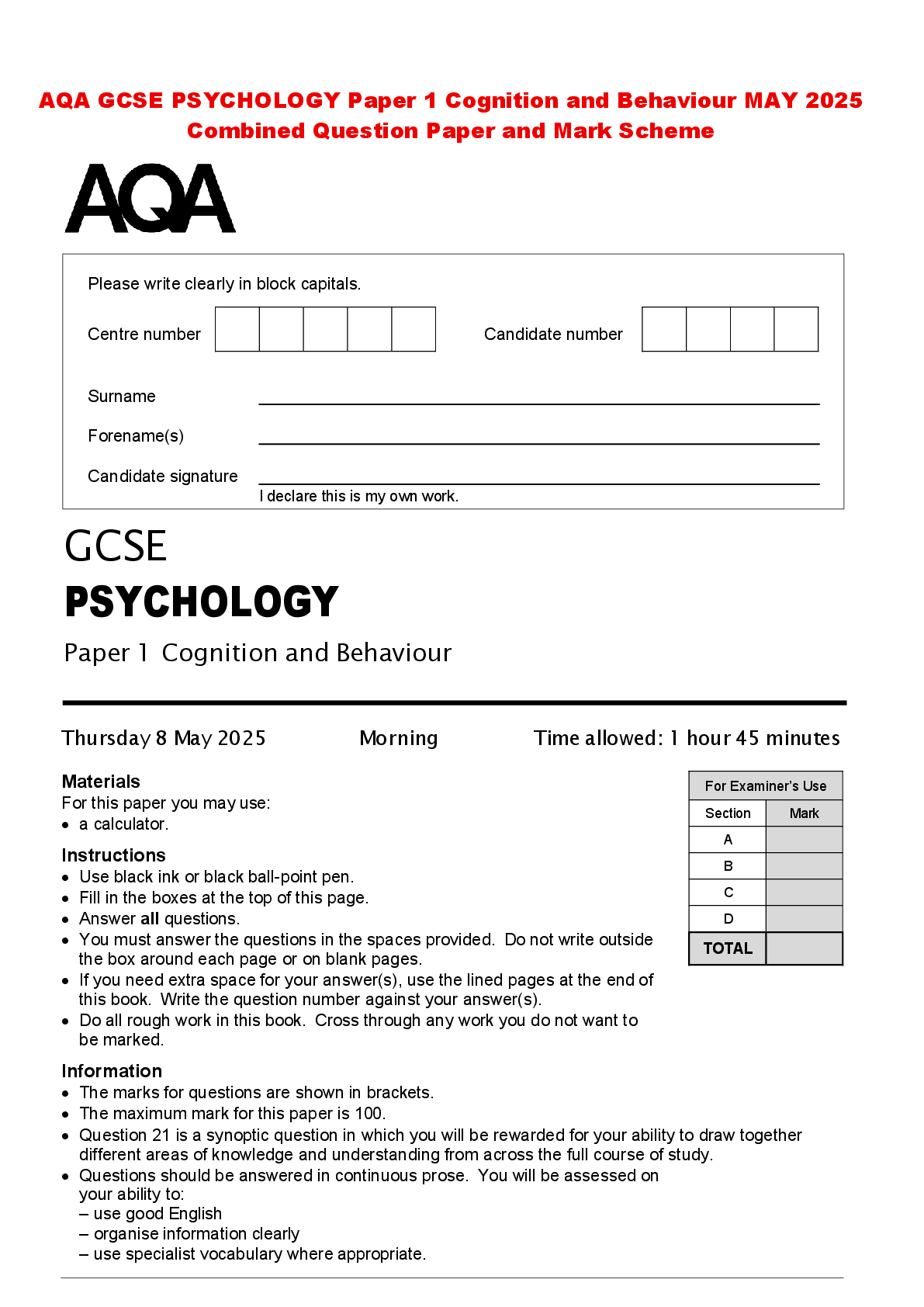 Recommended document preview for AQA GCSE PSYCHOLOGY Paper 1 Cognition and Behaviour MAY 2025 Combined Question Paper and Mark Scheme