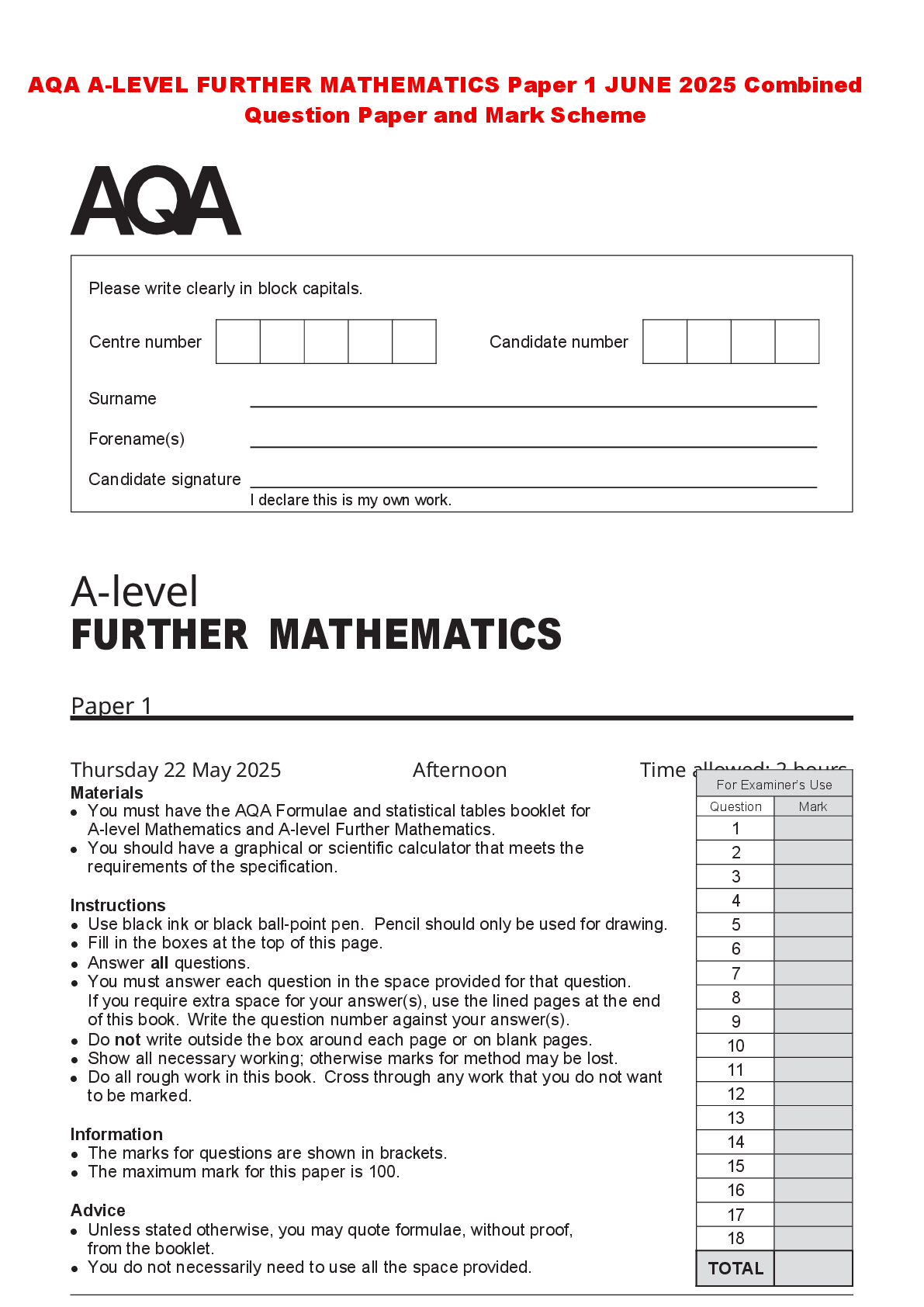 Recommended document preview for AQA A-LEVEL FURTHER MATHEMATICS Paper 1 JUNE 2025 Combined Question Paper and Mark Scheme