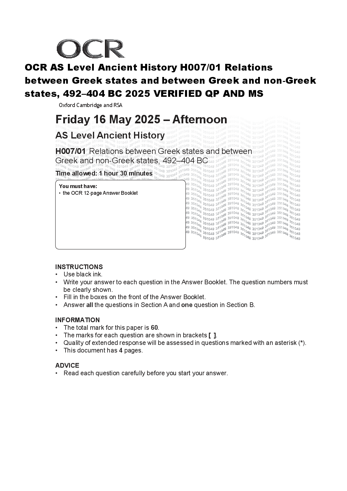 Preview of OCR AS Level Ancient History H007/01 Relations  between Greek states and between Greek and