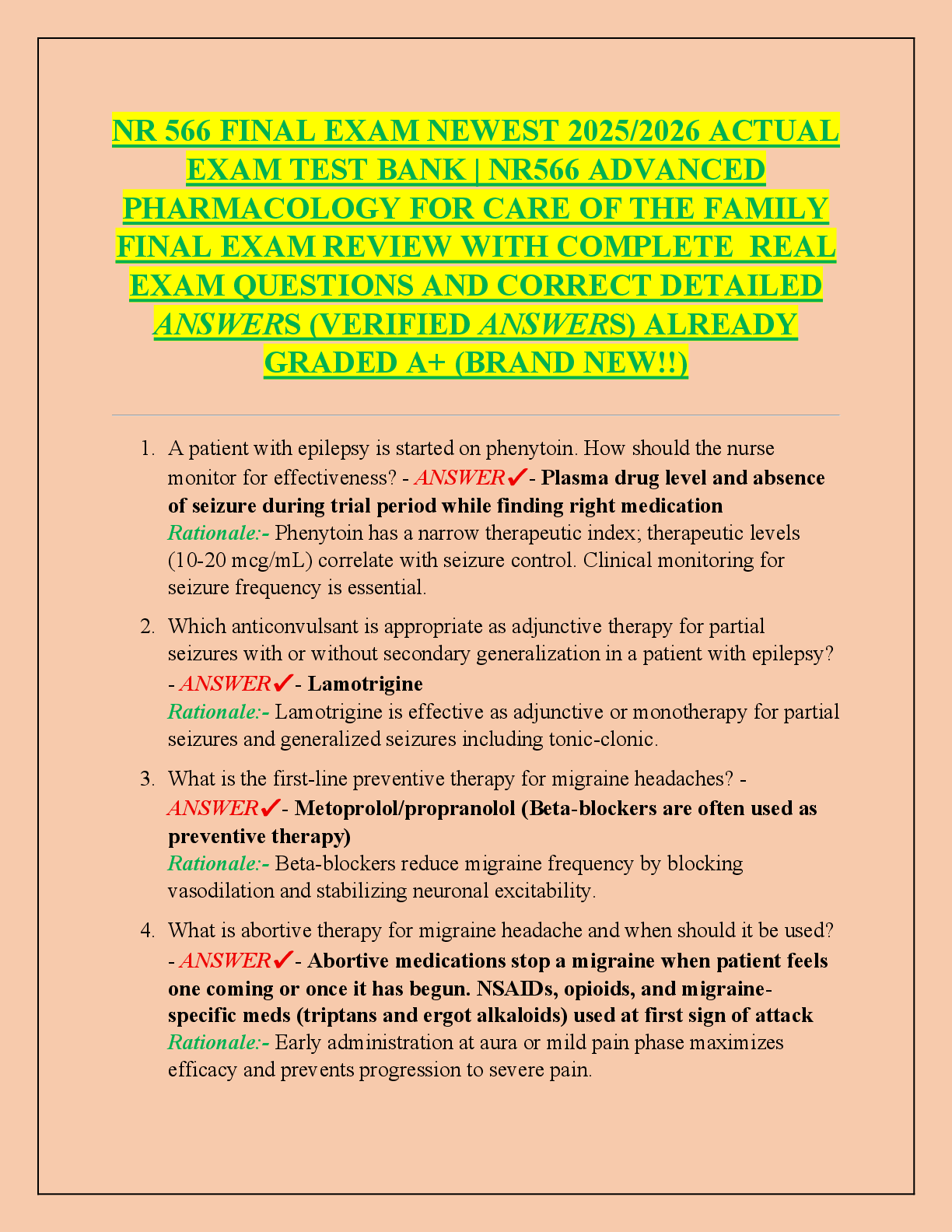 Recommended document preview for NR 566 FINAL EXAM NEWEST 2025/2026 ACTUAL  EXAM TEST BANK | NR566 ADVANCED  PHARMACOLOGY FOR CARE OF THE FAMILY  FINAL EXAM REVIEW WITH COMPLETE  REAL  EXAM QUESTIONS AND CORRECT DETAILED  ANSWERS (VERIFIED ANSWERS) ALREADY  GRADED A+ (BRAND NEW!!)