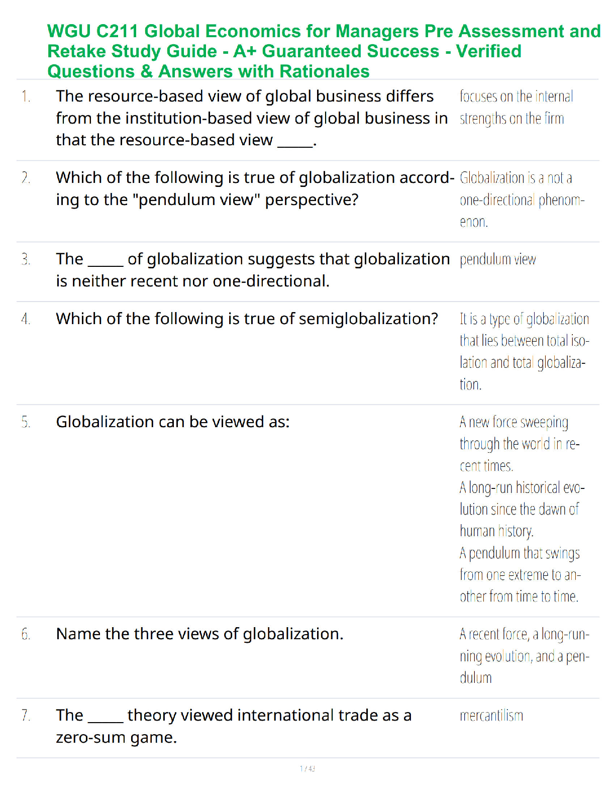 Recommended document preview for WGU C211 Global Economics for Managers Pre Assessment and Retake Study Guide - A+ Guaranteed Success - Verified Questions & Answers with Rationales