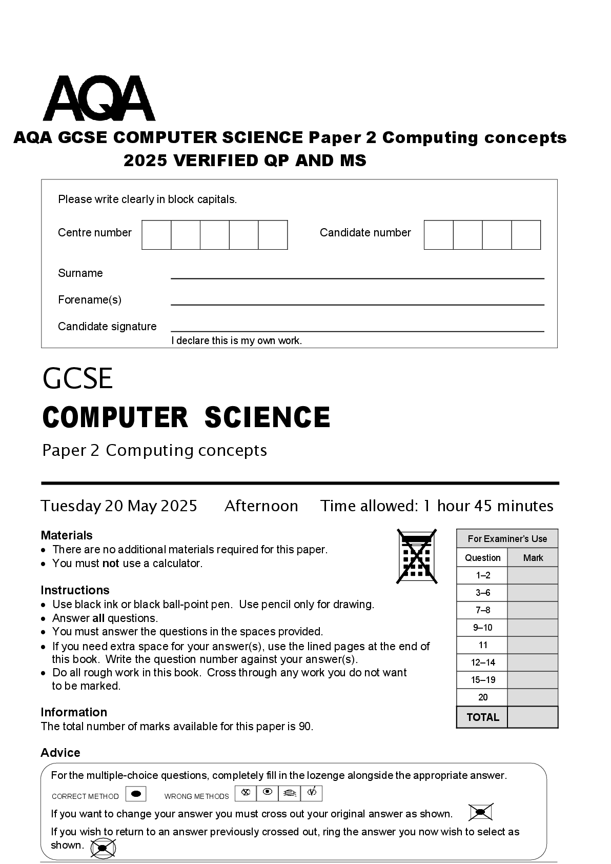 Preview of AQA GCSE COMPUTER SCIENCE Paper 2 Computing concepts  2025 VERIFIED QP AND MS