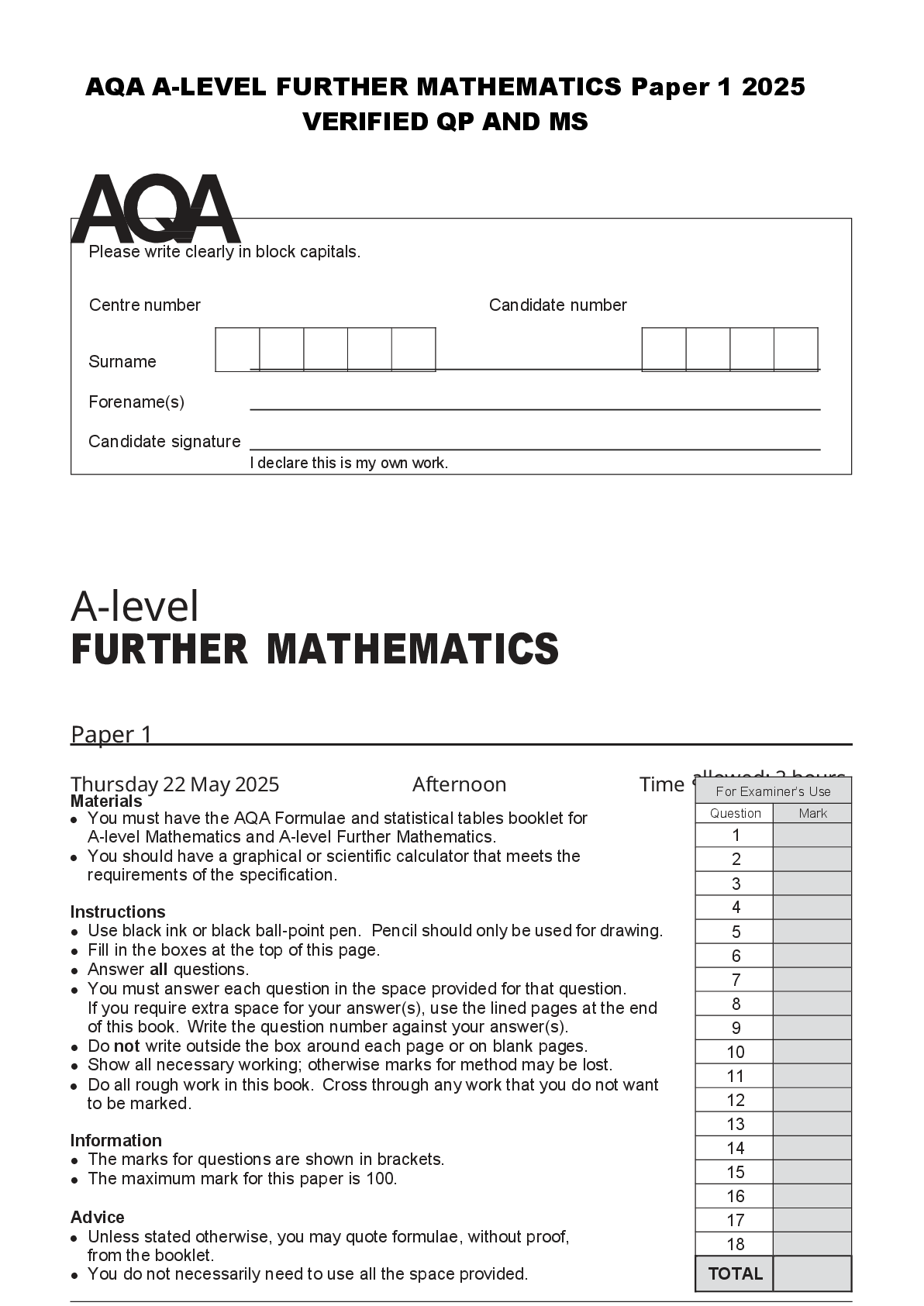 Preview of AQA A-LEVEL FURTHER MATHEMATICS Paper 1 2025  VERIFIED QP AND MS