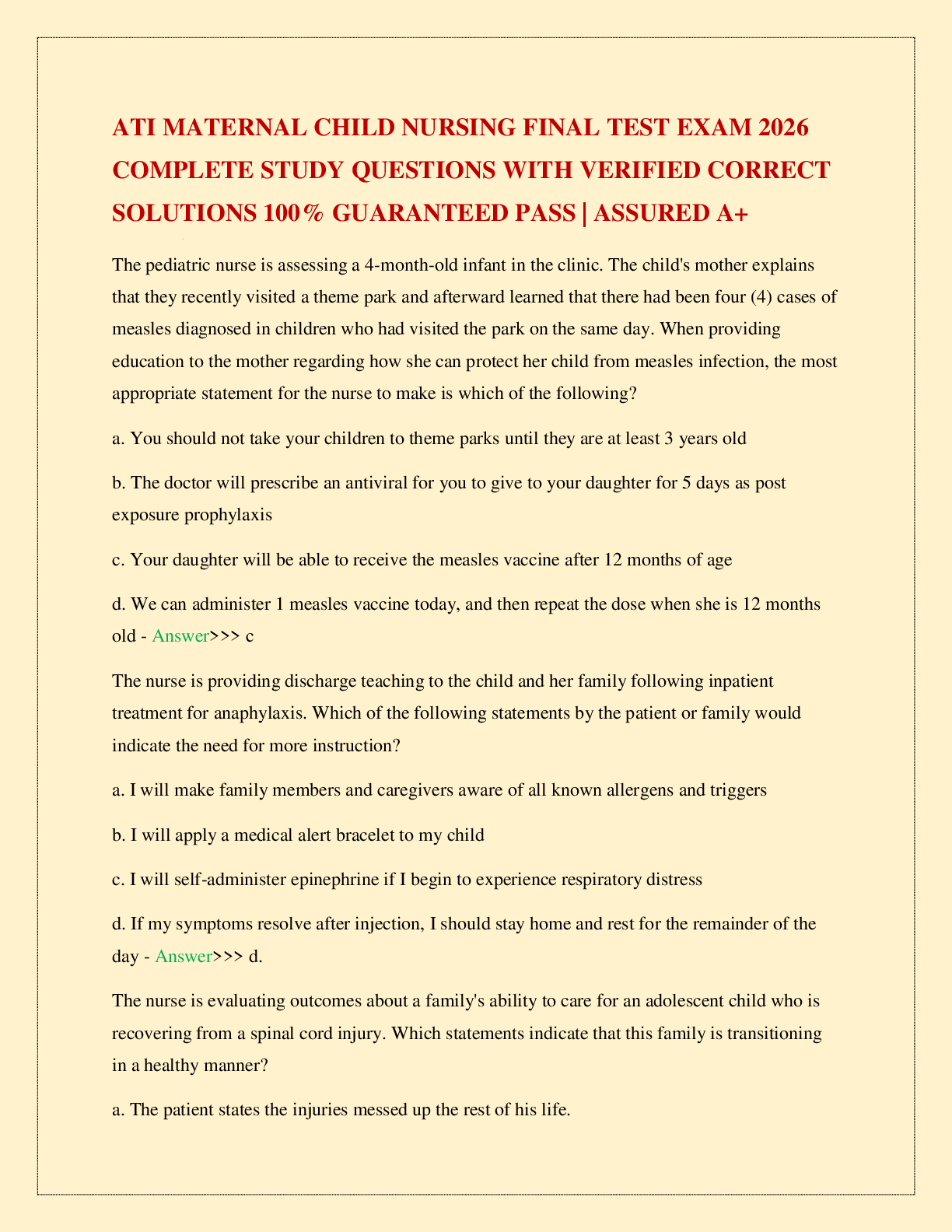 ATI MATERNAL CHILD NURSING FINAL TEST EXAM 2026 COMPLETE STUDY QUESTIONS WITH VERIFIED CORRECT SOLUTIONS 100% GUARANTEED PASS | ASSURED A+