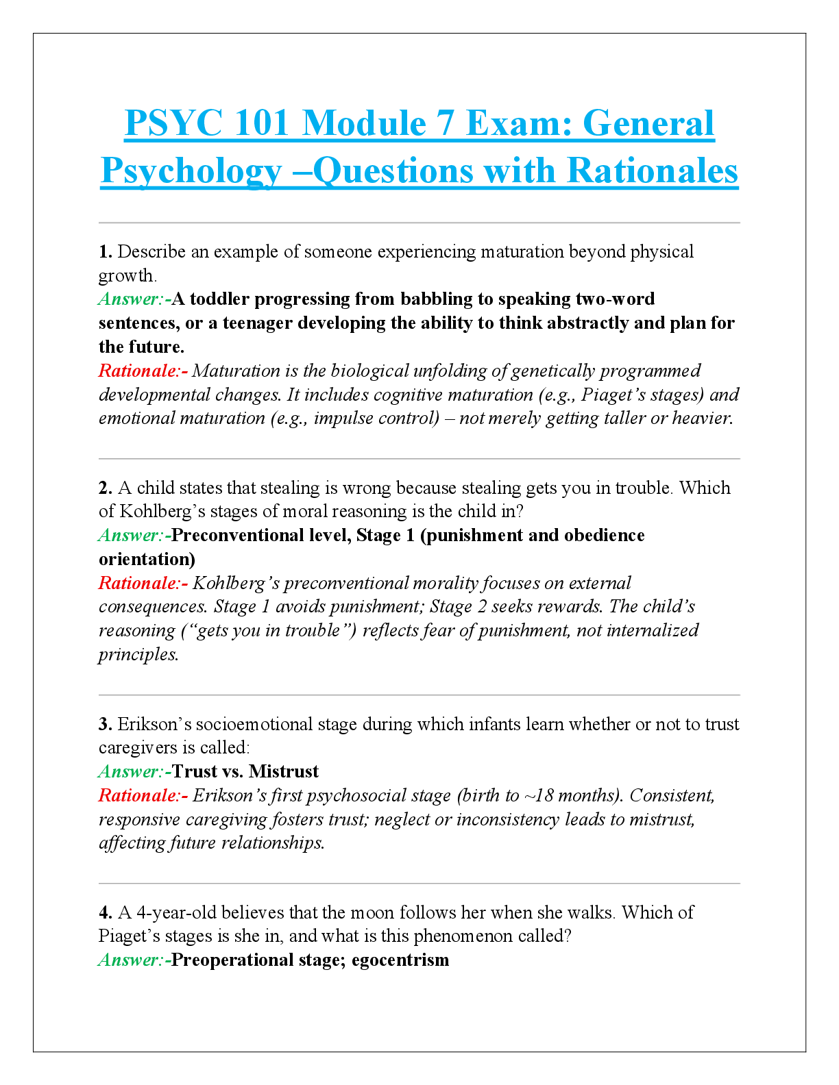 Recommended document preview for PSYC 101 Module 7 Exam: General  Psychology –Questions with Rationales