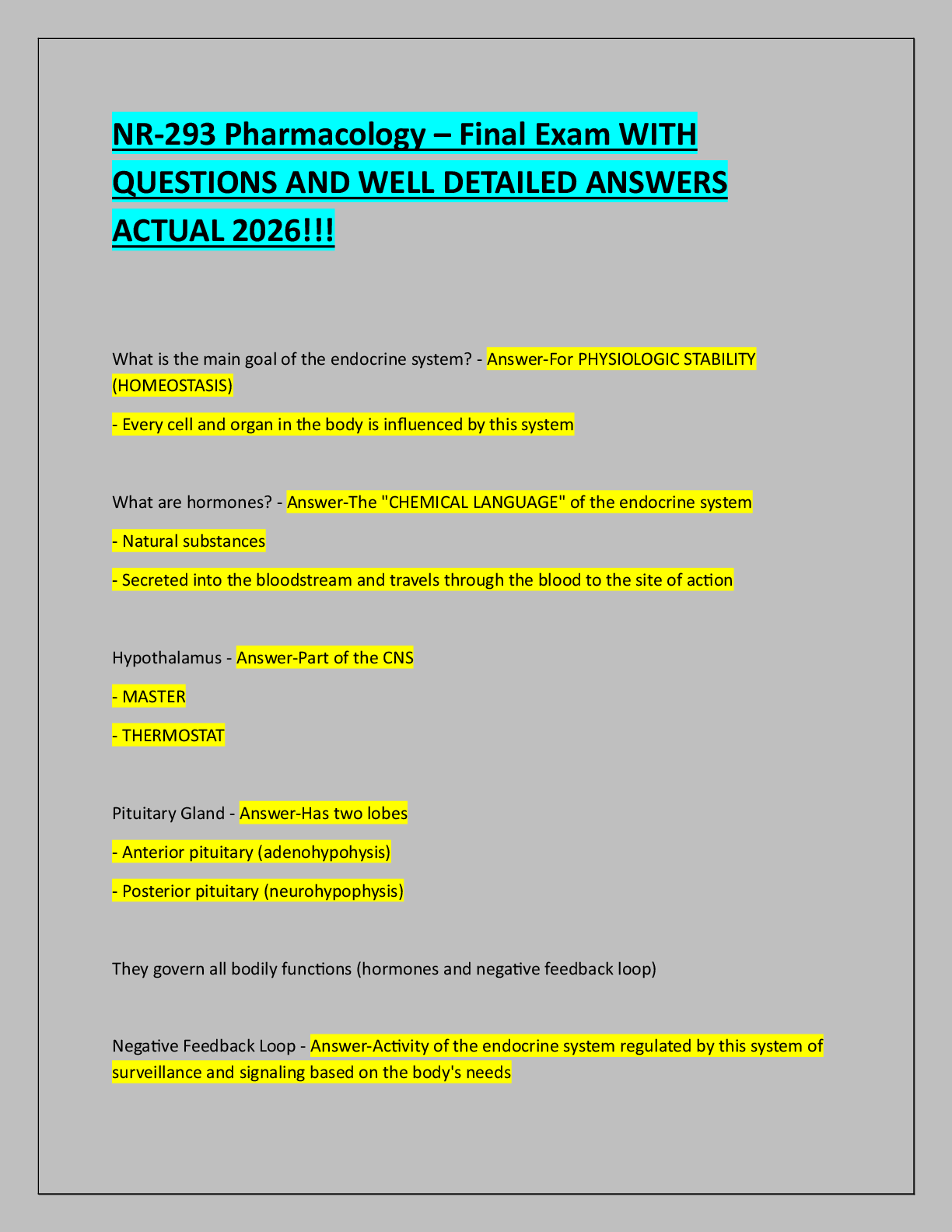Recommended document preview for NR-293 Pharmacology – Final Exam WITH  QUESTIONS AND WELL DETAILED ANSWERS  ACTUAL 2026!!!