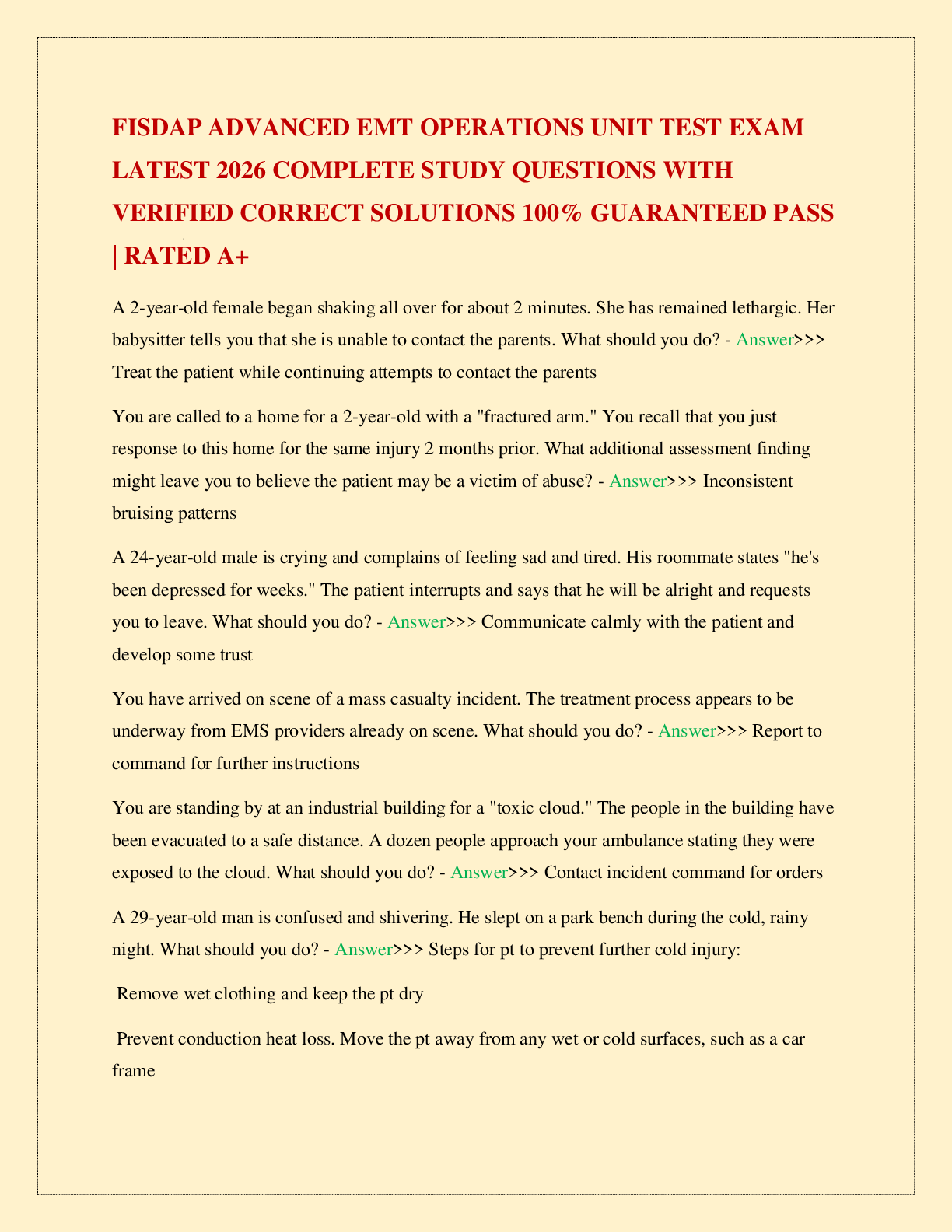 Recommended document preview for FISDAP ADVANCED EMT OPERATIONS UNIT TEST EXAM LATEST 2026 COMPLETE STUDY QUESTIONS WITH VERIFIED CORRECT SOLUTIONS 100% GUARANTEED PASS | RATED A+