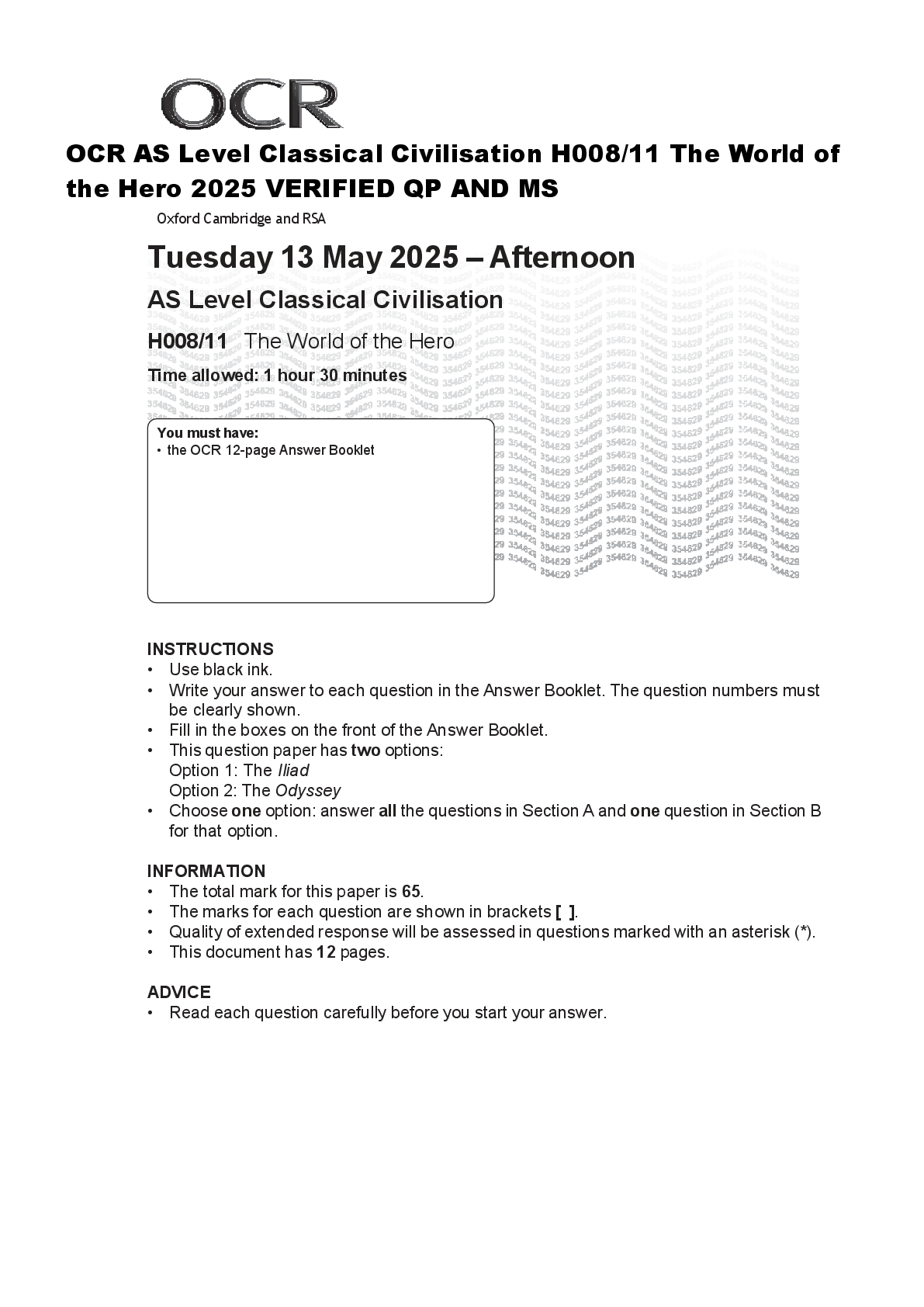 Preview of OCR AS Level Classical Civilisation H008/11 The World of  the Hero 2025 VERIFIED QP AND MS