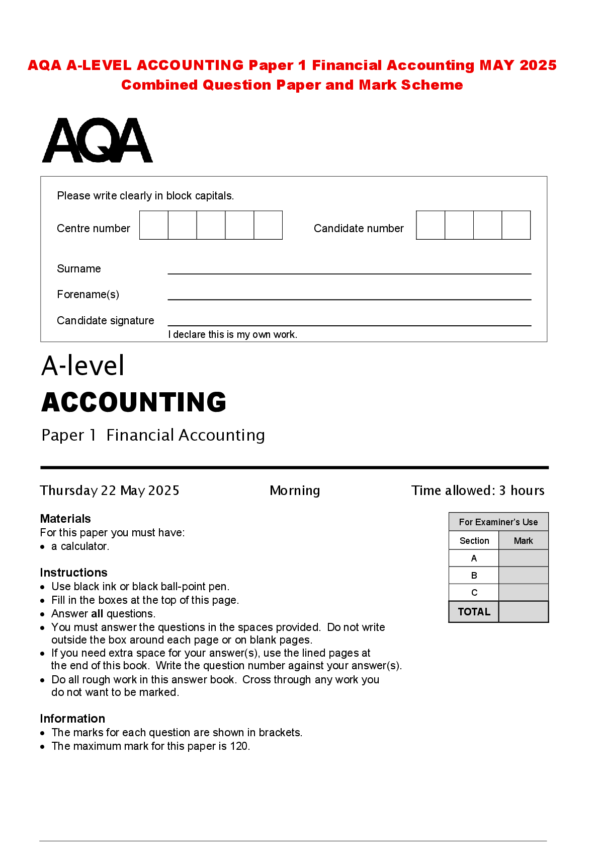 Recommended document preview for AQA A-LEVEL ACCOUNTING Paper 1 Financial Accounting MAY 2025 Combined Question Paper and Mark Scheme