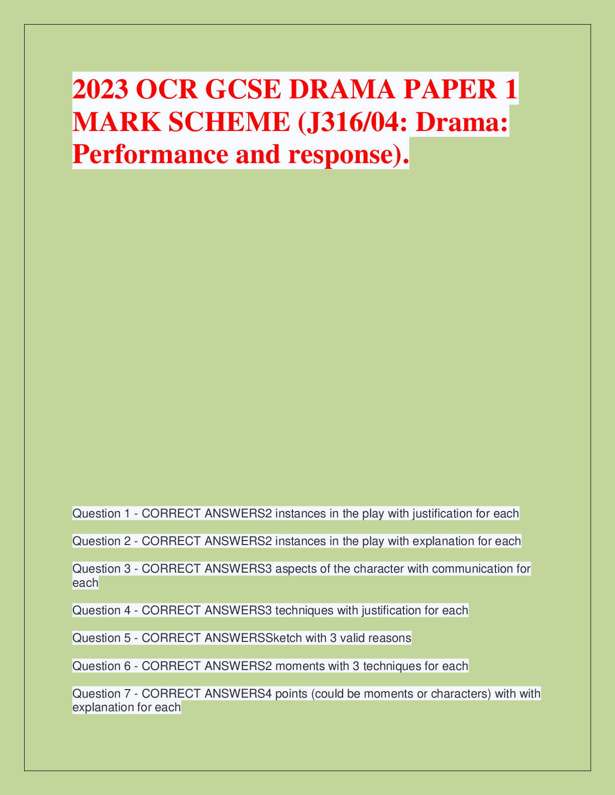 Preview image for 2023 OCR GCSE DRAMA PAPER 1  MARK SCHEME (J316/04: Drama:  Performance and response).