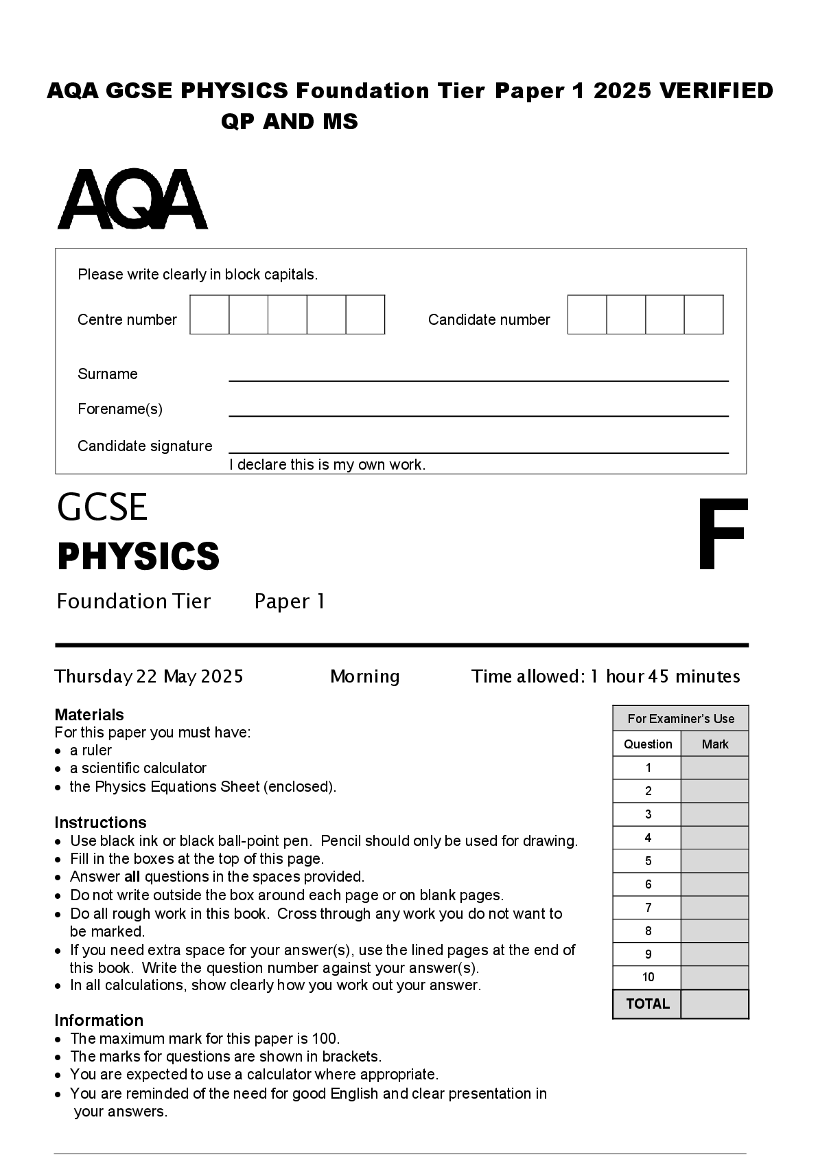 AQA GCSE PHYSICS Foundation Tier Paper 1 2025 VERIFIED  QP AND MS
