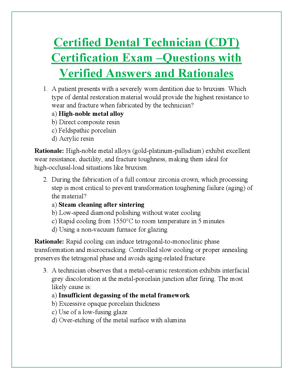 Preview of Certified Dental Technician (CDT)  Certification Exam –Questions with  Verified Answers an