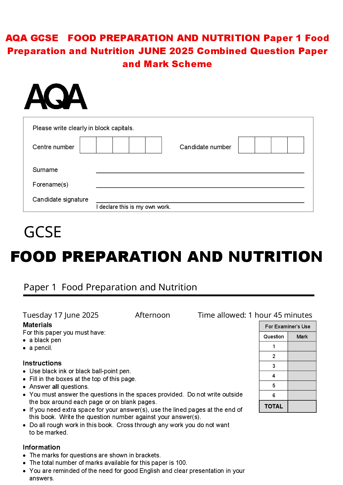 Preview of AQA GCSE FOOD PREPARATION AND NUTRITION Paper 1 Food Preparation and Nutrition JUNE 2025 C