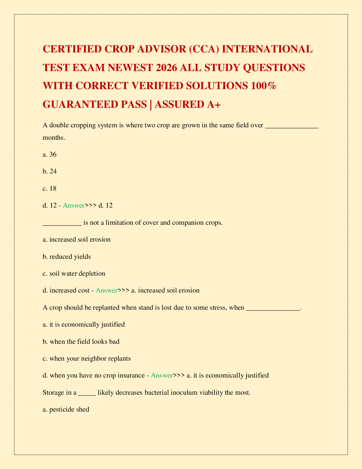 Recommended document preview for CERTIFIED CROP ADVISOR (CCA) INTERNATIONAL TEST EXAM NEWEST 2026 ALL STUDY QUESTIONS WITH CORRECT VERIFIED SOLUTIONS 100% GUARANTEED PASS | ASSURED A+