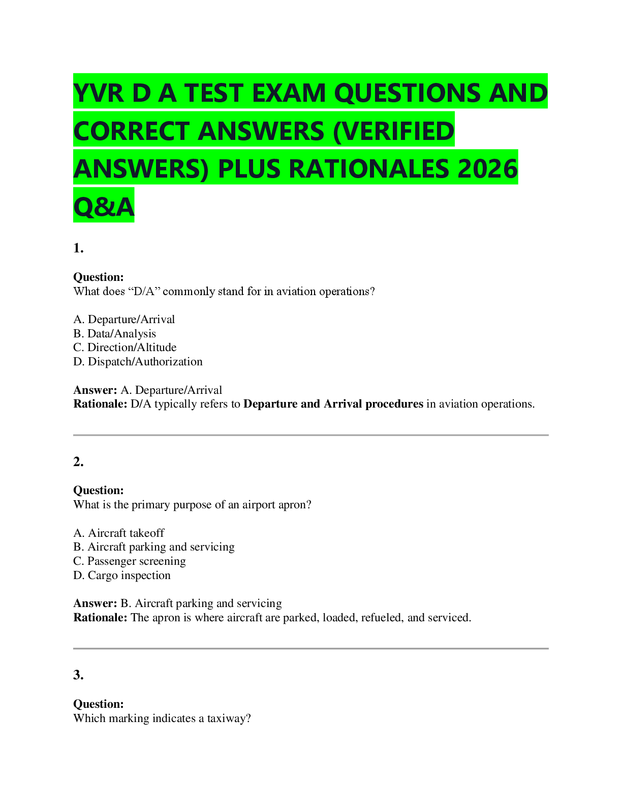 Preview of YVR D A TEST EXAM QUESTIONS AND  CORRECT ANSWERS (VERIFIED  ANSWERS) PLUS RATIONALES 2026