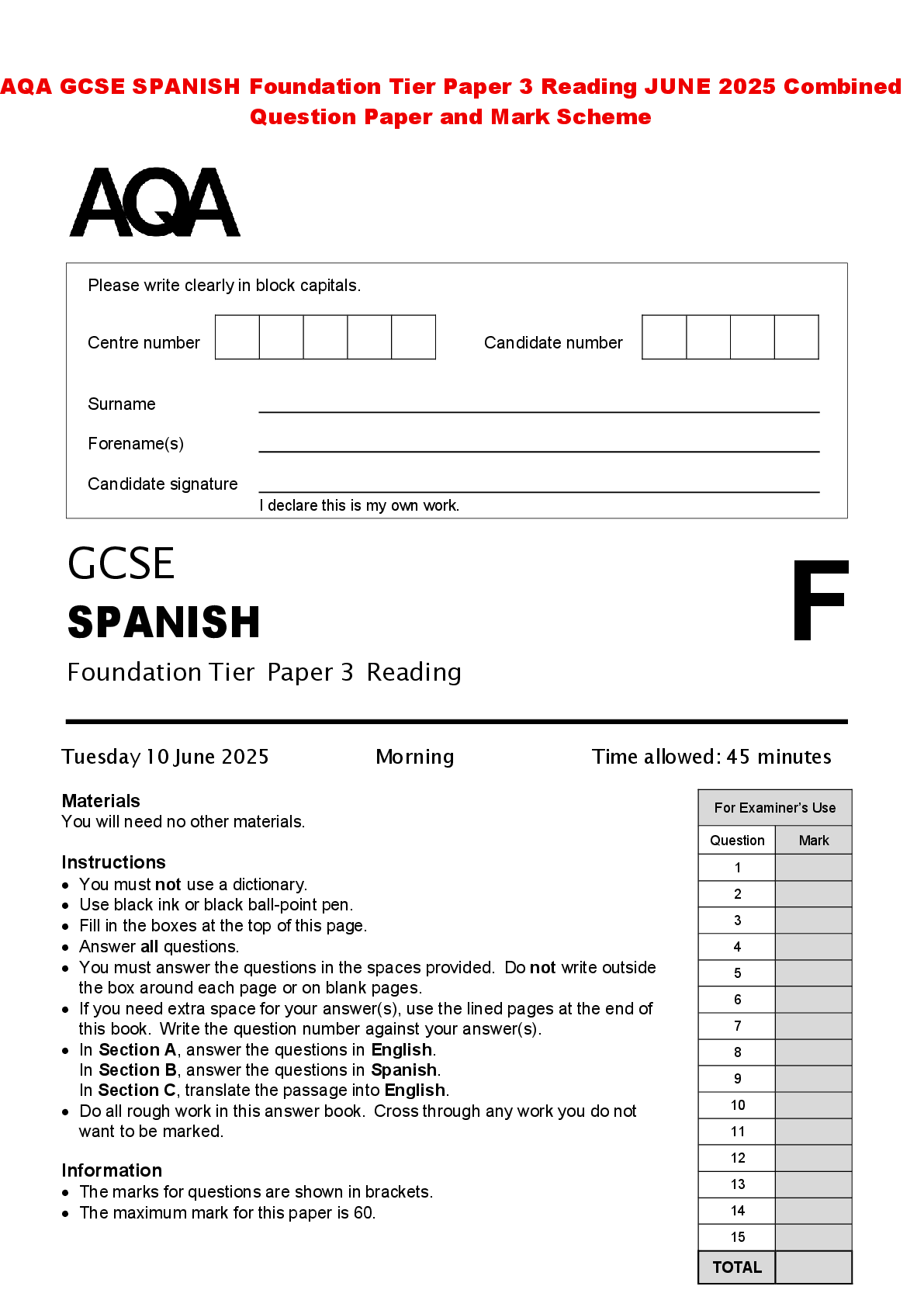 Recommended document preview for AQA GCSE SPANISH Foundation Tier Paper 3 Reading JUNE 2025 Combined Question Paper and Mark Scheme
