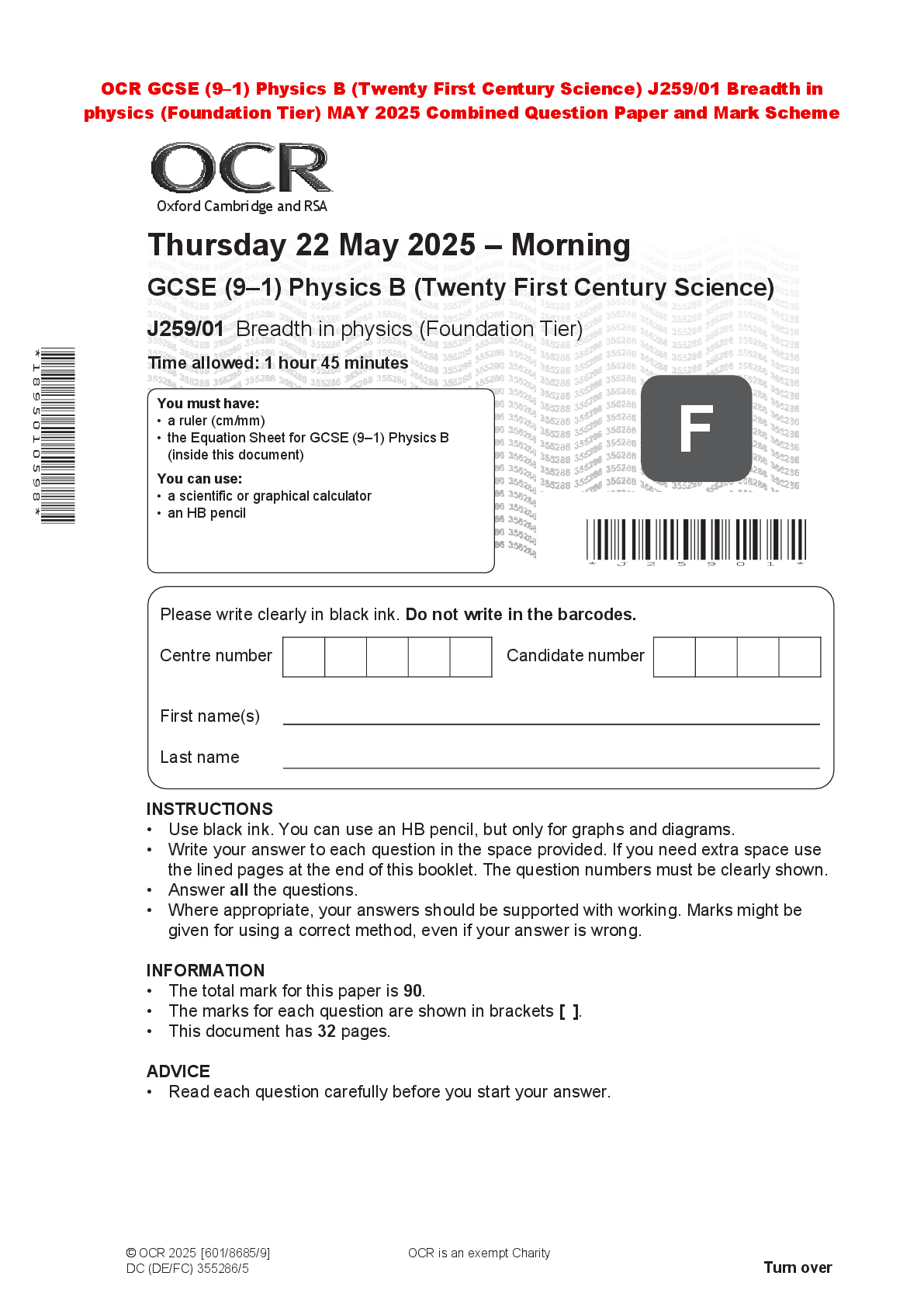 Recommended document preview for OCR GCSE (9–1) Physics B (Twenty First Century Science) J259/01 Breadth in physics (Foundation Tier) MAY 2025 Combined Question Paper and Mark Scheme
