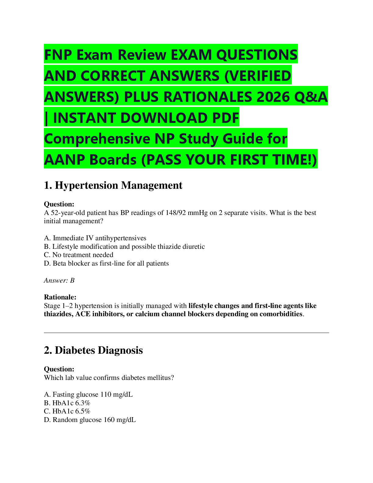 Preview of FNP Exam Review EXAM QUESTIONS  AND CORRECT ANSWERS (VERIFIED  ANSWERS) PLUS RATIONALES 20