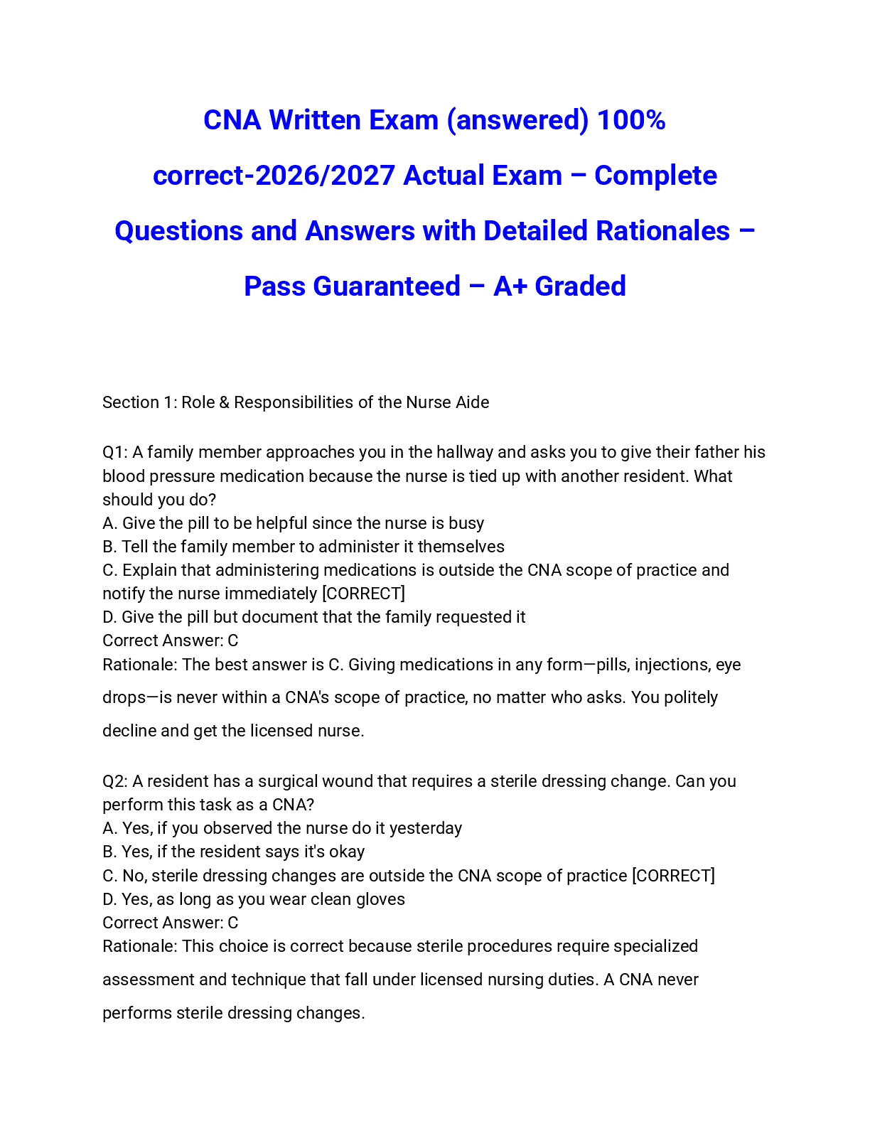Preview of CNA Written Exam (answered) 100% correct-2026/2027 Actual Exam – Complete Questions and Answers with Detailed Rationales – Pass Guaranteed – A+ Graded
