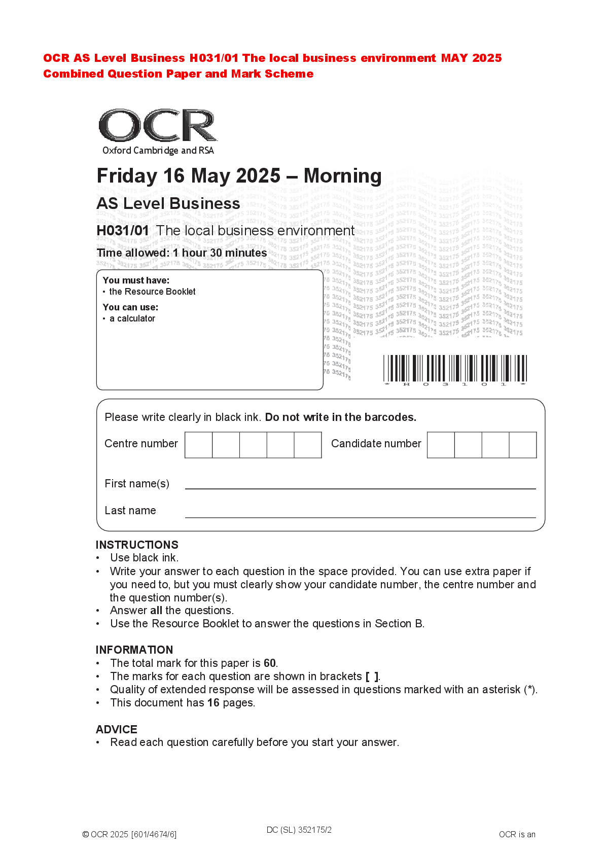 Recommended document preview for OCR AS Level Business H031/01 The local business environment MAY 2025 Combined Question Paper and Mark Scheme