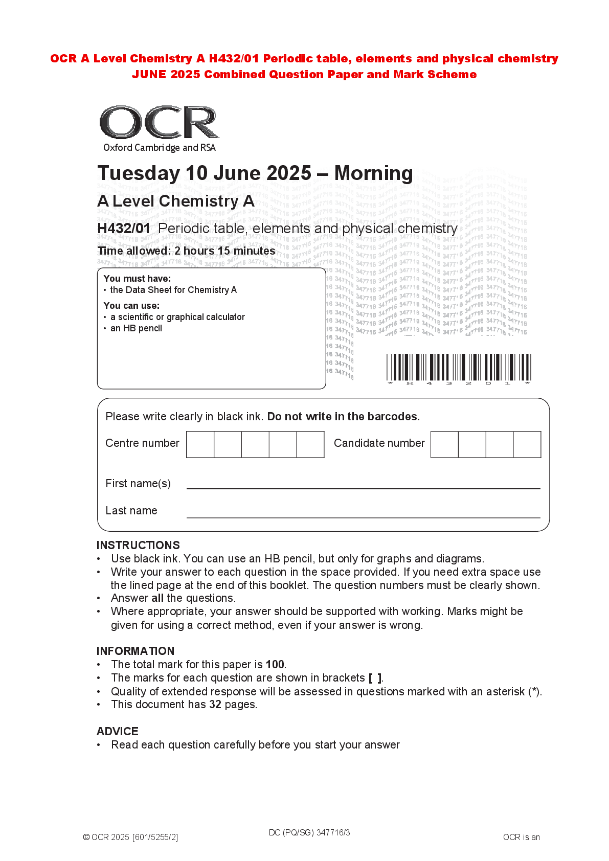 Preview of OCR A Level Chemistry A H432/01 Periodic table, elements and physical chemistry JUNE 2025