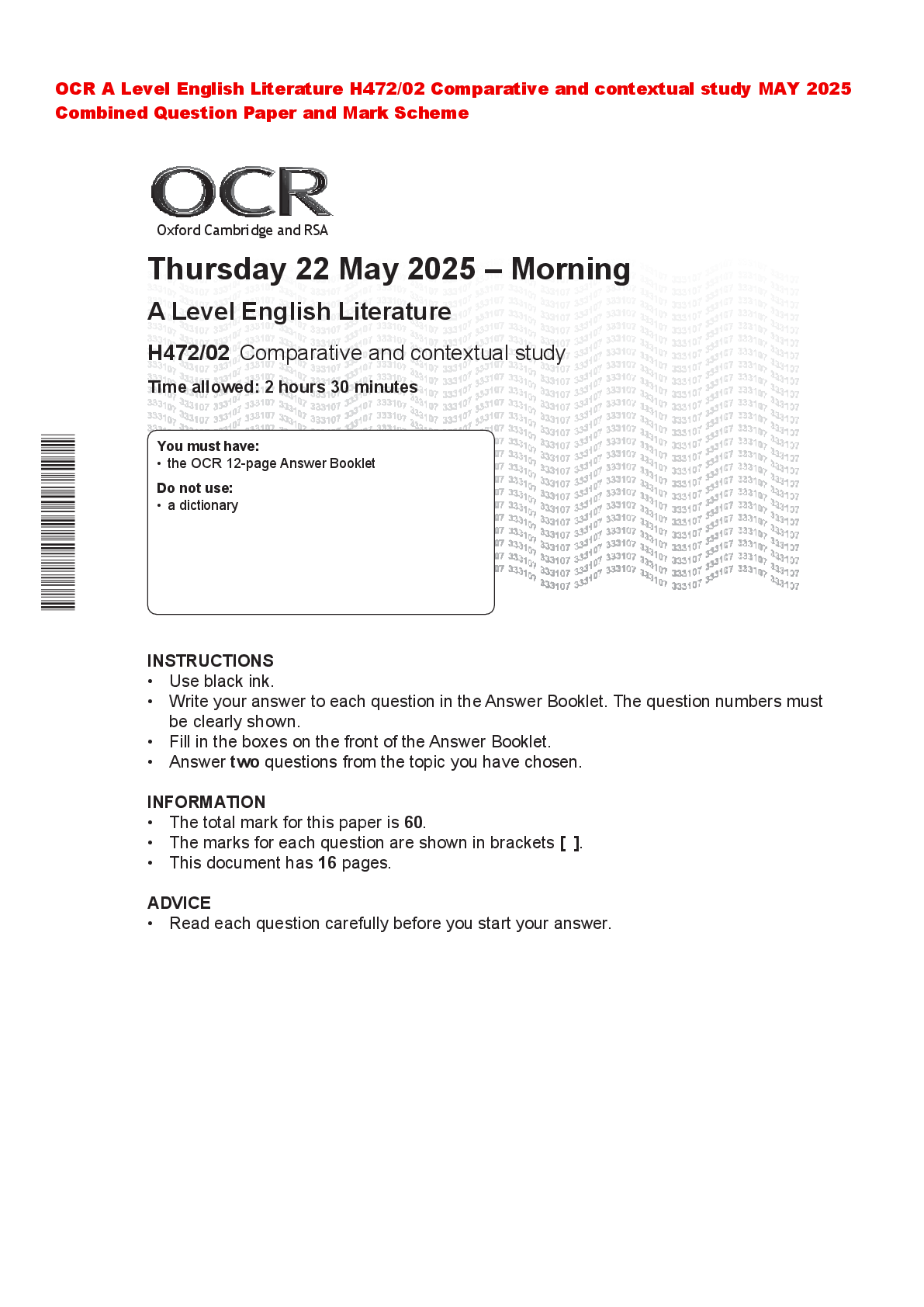 Recommended document preview for OCR A Level English Literature H472/02 Comparative and contextual study MAY 2025  Combined Question Paper and Mark Scheme