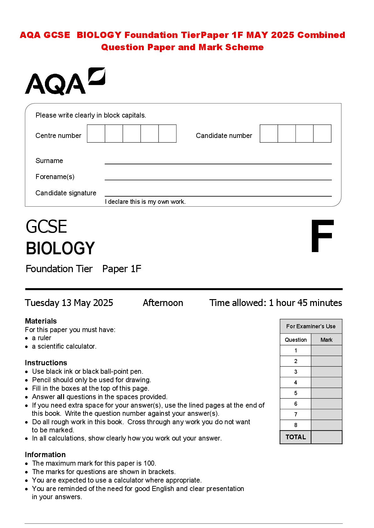 Recommended document preview for AQA GCSE BIOLOGY Foundation Tier Paper 1F MAY 2025 Combined Question Paper and Mark Scheme