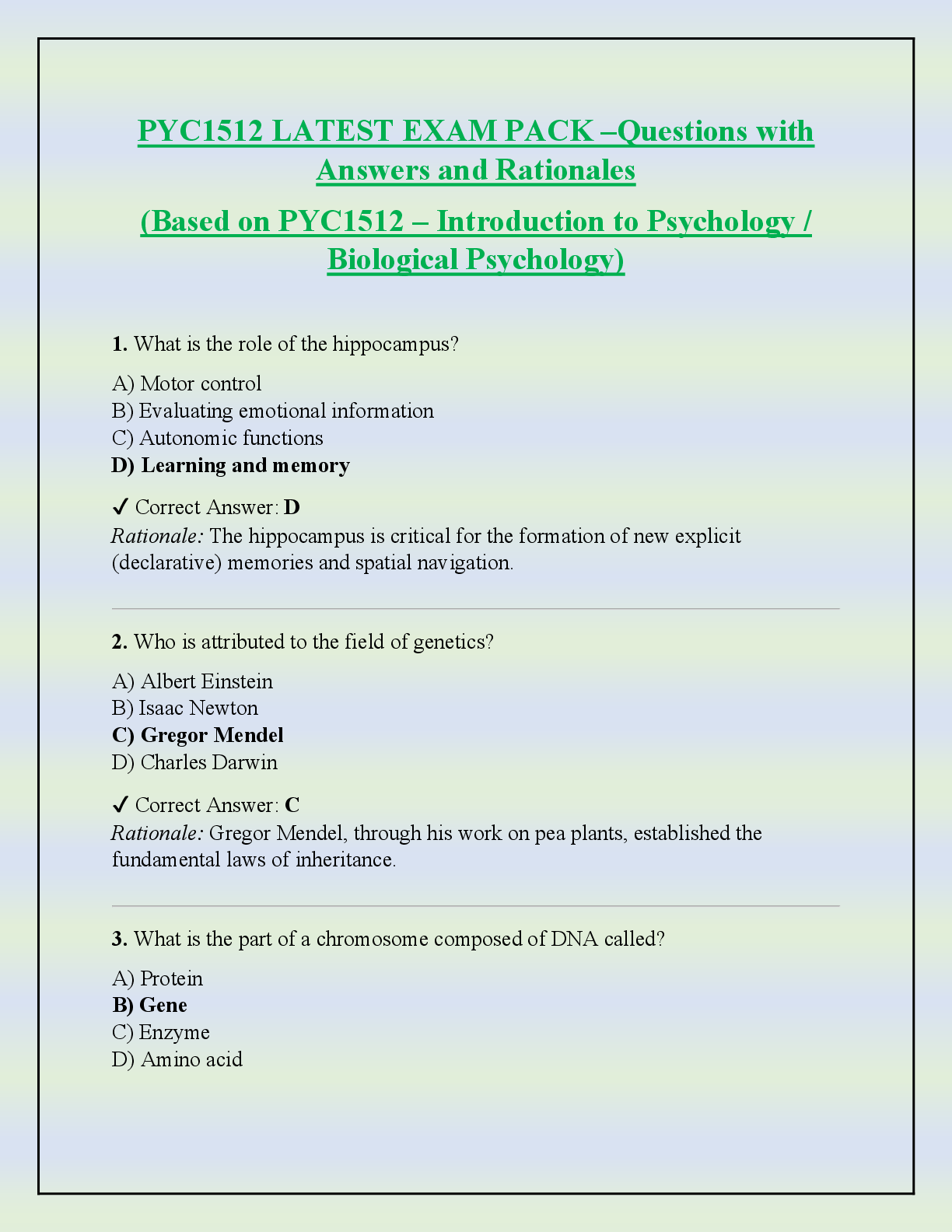 Recommended document preview for PYC1512 LATEST EXAM PACK –Questions with  Answers and Rationales  (Based on PYC1512 – Introduction to Psychology /  Biological Psychology)