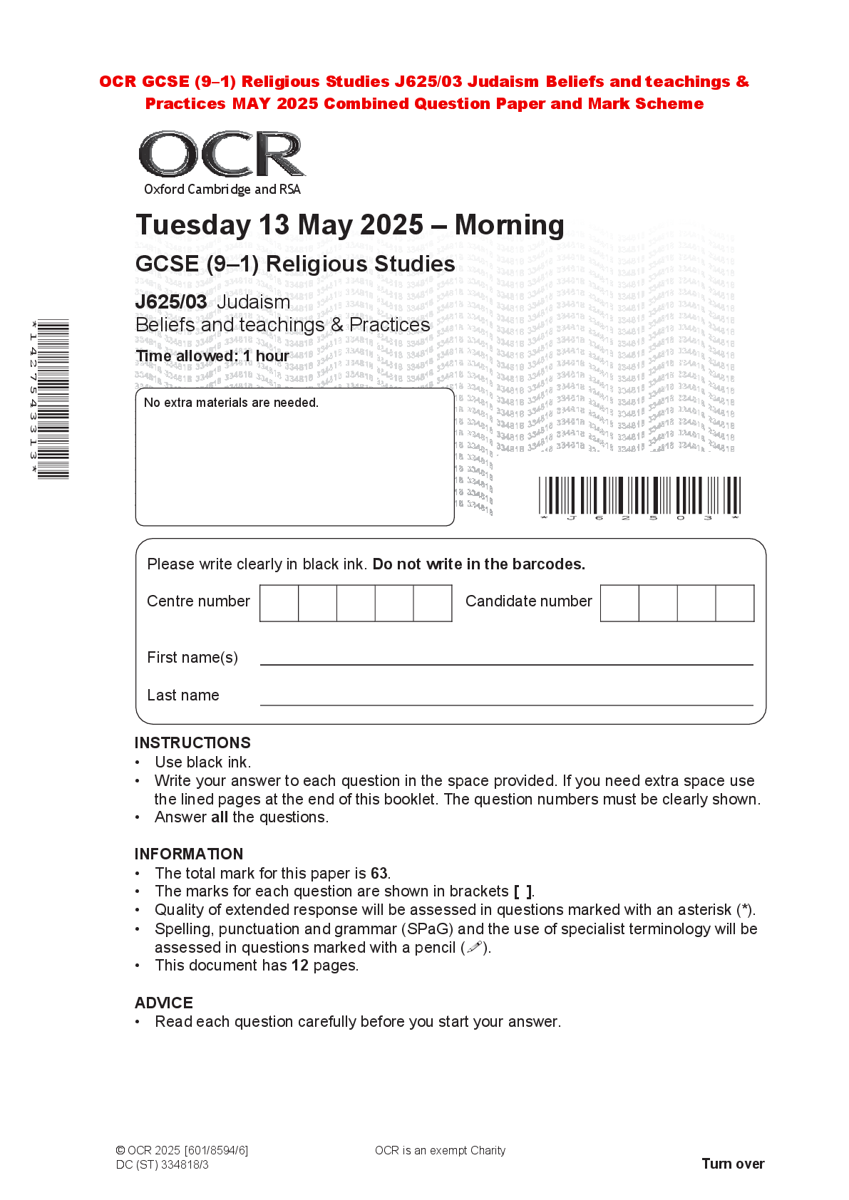 Recommended document preview for OCR GCSE (9–1) Religious Studies J625/03 Judaism Beliefs and teachings & Practices MAY 2025 Combined Question Paper and Mark Scheme