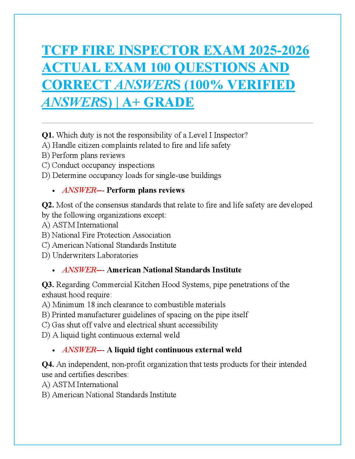 Recommended document preview for TCFP FIRE INSPECTOR EXAM 2025-2026 ACTUAL EXAM 100 QUESTIONS AND CORRECT ANSWERS (100% VERIFIED ANSWERS) | A+ GRADE