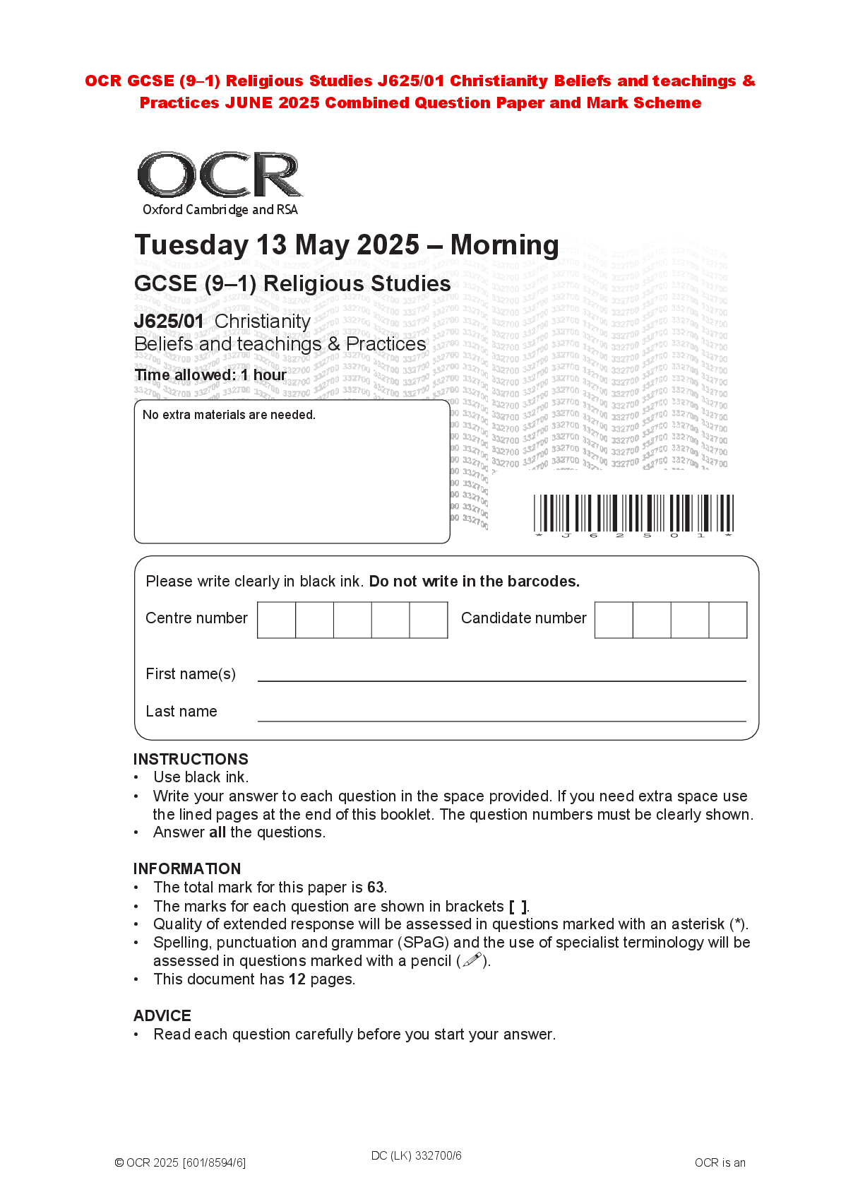 Recommended document preview for OCR GCSE (9–1) Religious Studies J625/01 Christianity Beliefs and teachings & Practices JUNE 2025 Combined Question Paper and Mark Scheme