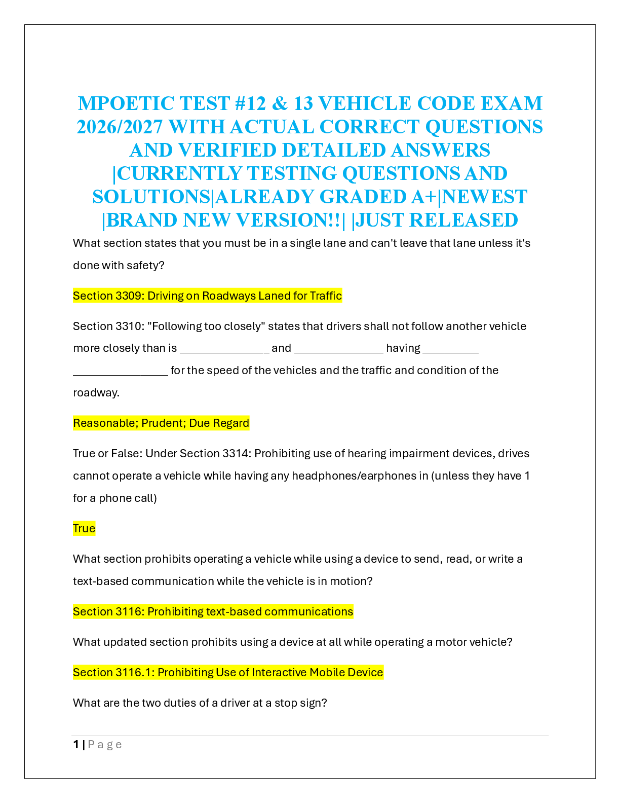 Recommended document preview for MPOETIC TEST #12 & 13 VEHICLE CODE EXAM  2026/2027