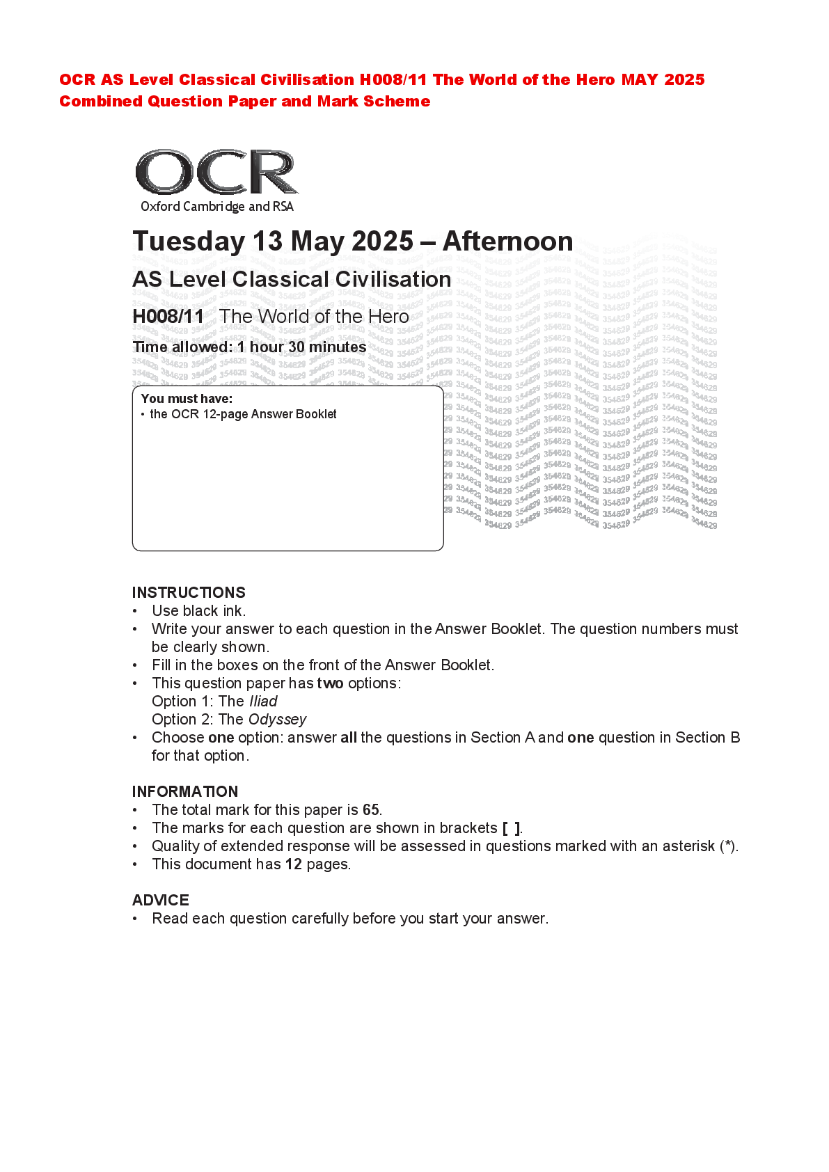 Recommended document preview for OCR AS Level Classical Civilisation H008/11 The World of the Hero MAY 2025 Combined Question Paper and Mark Scheme