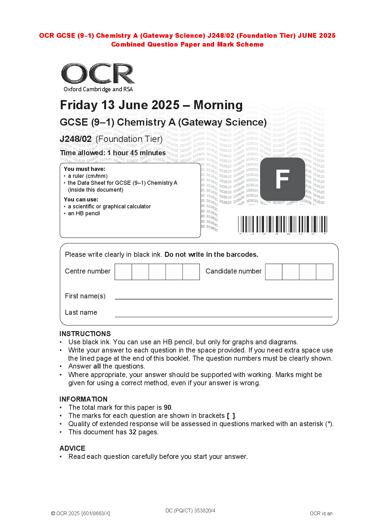 Recommended document preview for OCR GCSE (9–1) Chemistry A (Gateway Science) J248/02 (Foundation Tier) JUNE 2025 Combined Question Paper and Mark Scheme
