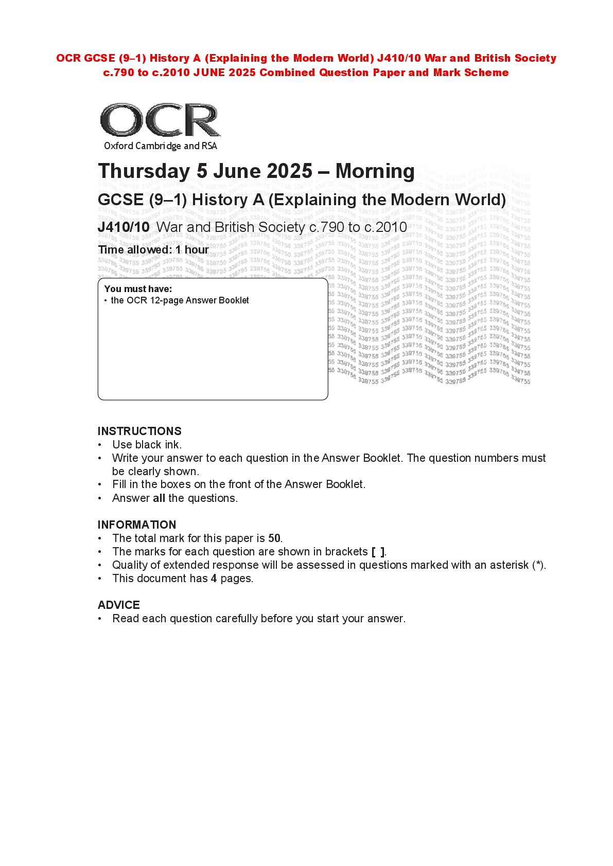 Recommended document preview for OCR GCSE (9–1) History A (Explaining the Modern World) J410/10 War and British Society c.790 to c.2010 JUNE 2025 Combined Question Paper and Mark Scheme