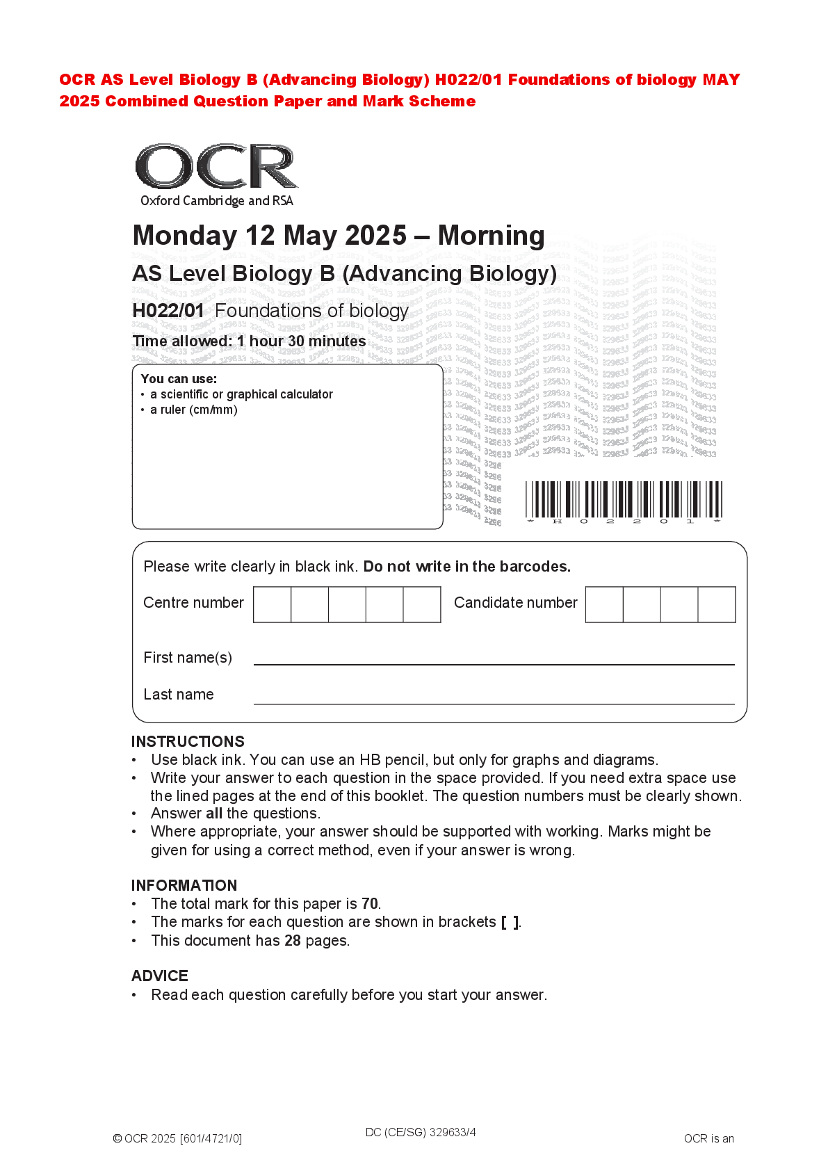 Recommended document preview for OCR AS Level Biology B (Advancing Biology) H022/01 Foundations of biology MAY 2025 Combined Question Paper and Mark Scheme