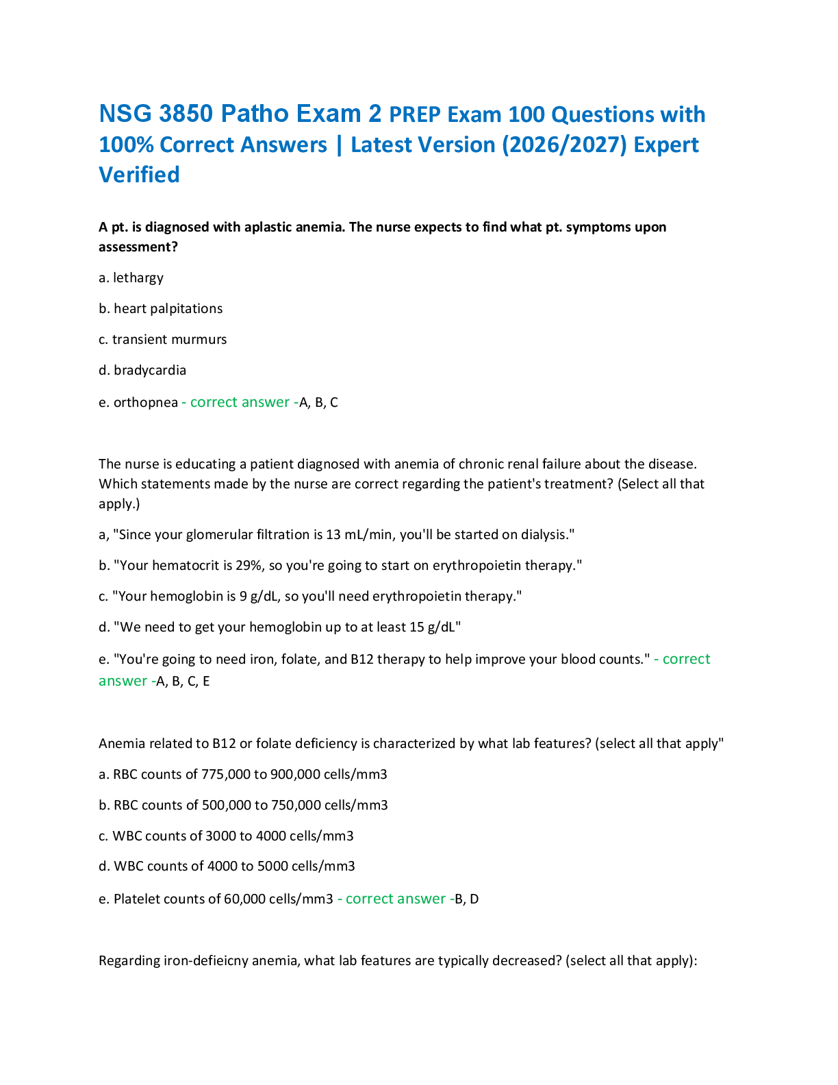 Recommended document preview for NSG 3850 Patho Exam 2 PREP Exam 100 Questions with  100% Correct Answers | Latest Version (2026/2027) Expert  Verified