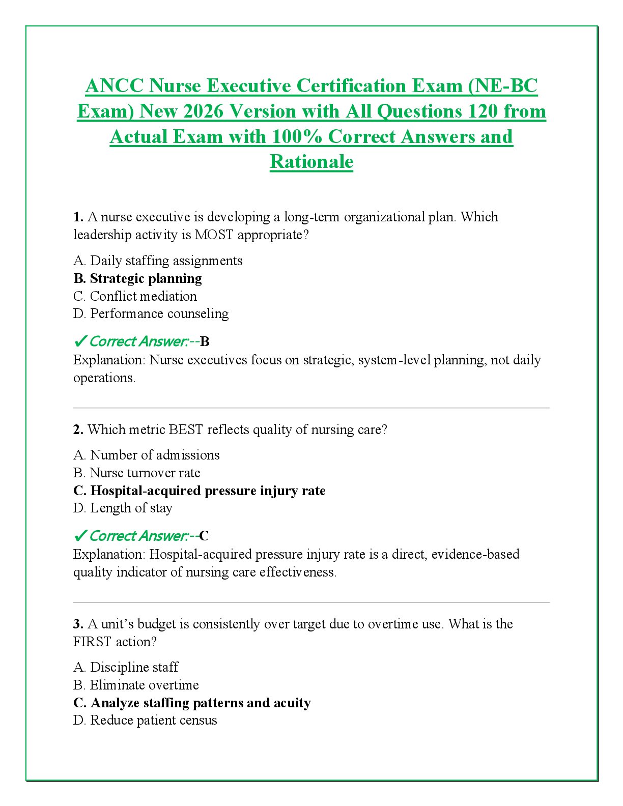 Recommended document preview for ANCC Nurse Executive Certification Exam (NE-BC  Exam) New 2026 Version with All Questions 120 from  Actual Exam with 100% Correct Answers and  Rationale