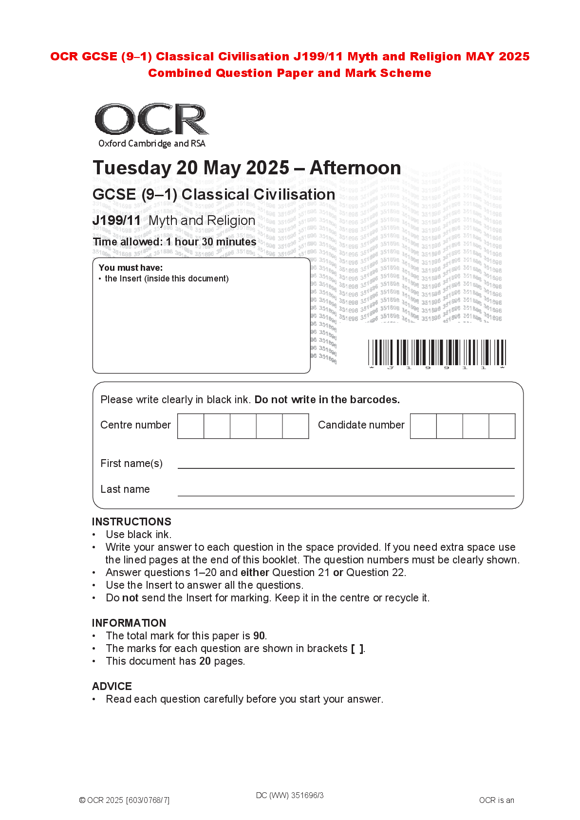 Recommended document preview for OCR GCSE (9–1) Classical Civilisation J199/11 Myth and Religion MAY 2025 Combined Question Paper and Mark Scheme