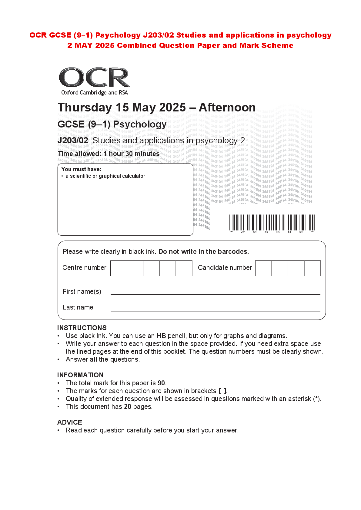 Recommended document preview for OCR GCSE (9–1) Psychology J203/02 Studies and applications in psychology 2 MAY 2025 Combined Question Paper and Mark Scheme