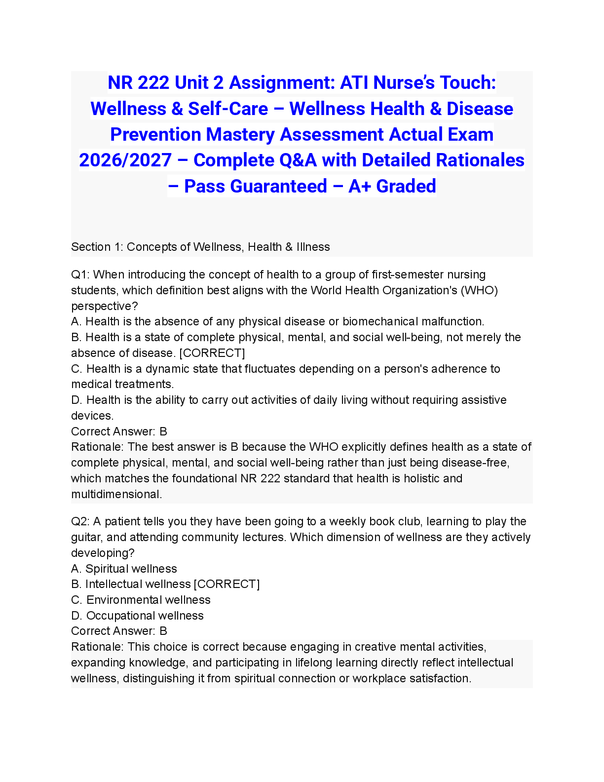 Preview of NR 222 Unit 2 Assignment: ATI Nurse’s Touch: Wellness & Self-Care – Wellness Health & Disease Prevention Mastery Assessment Actual Exam 2026/2027 – Complete Q&A with Detailed Rationales – Pass Guaranteed – A+ Graded