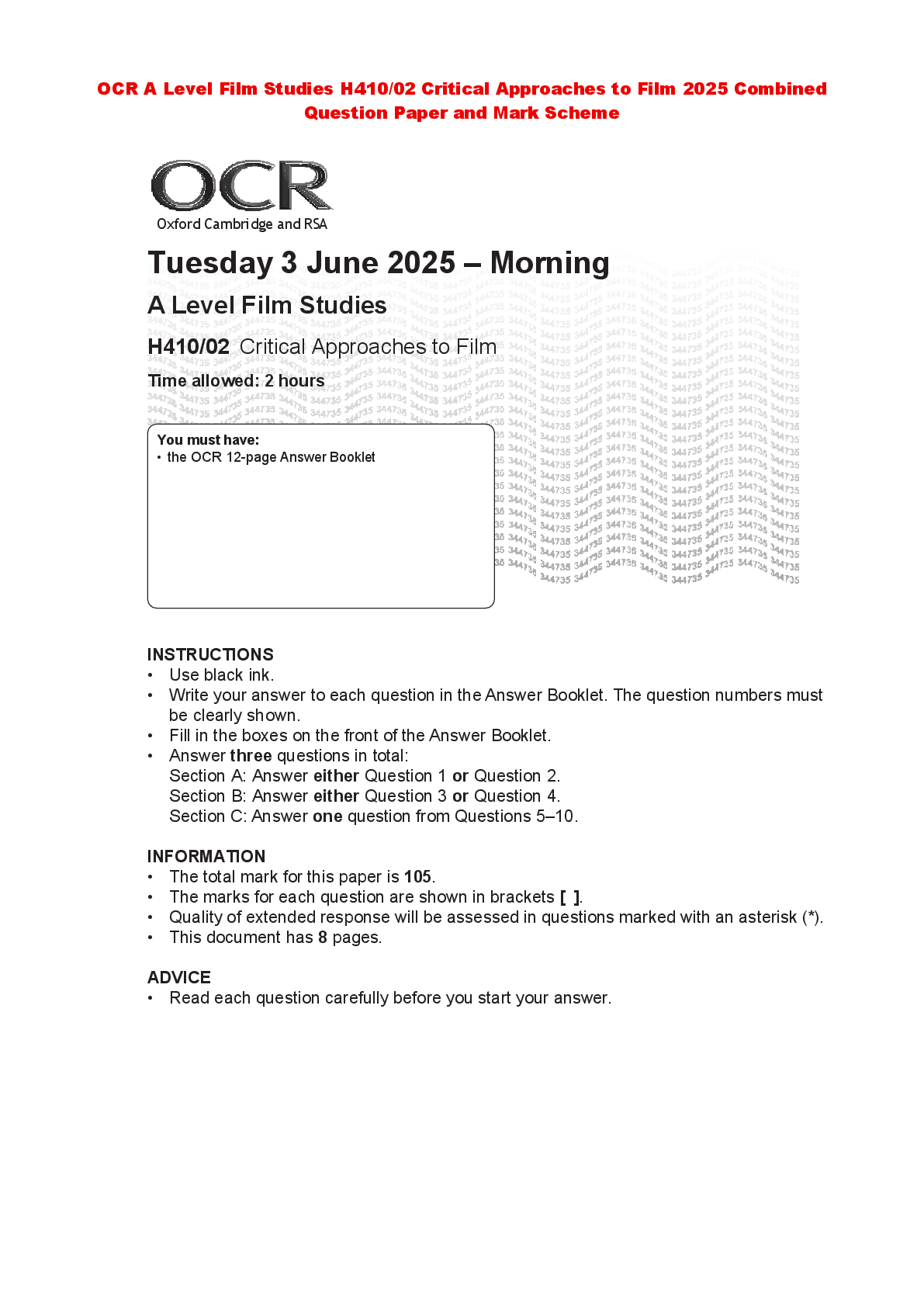 Recommended document preview for OCR A Level Film Studies H410/02 Critical Approaches to Film 2025 Combined  Question Paper and Mark Scheme