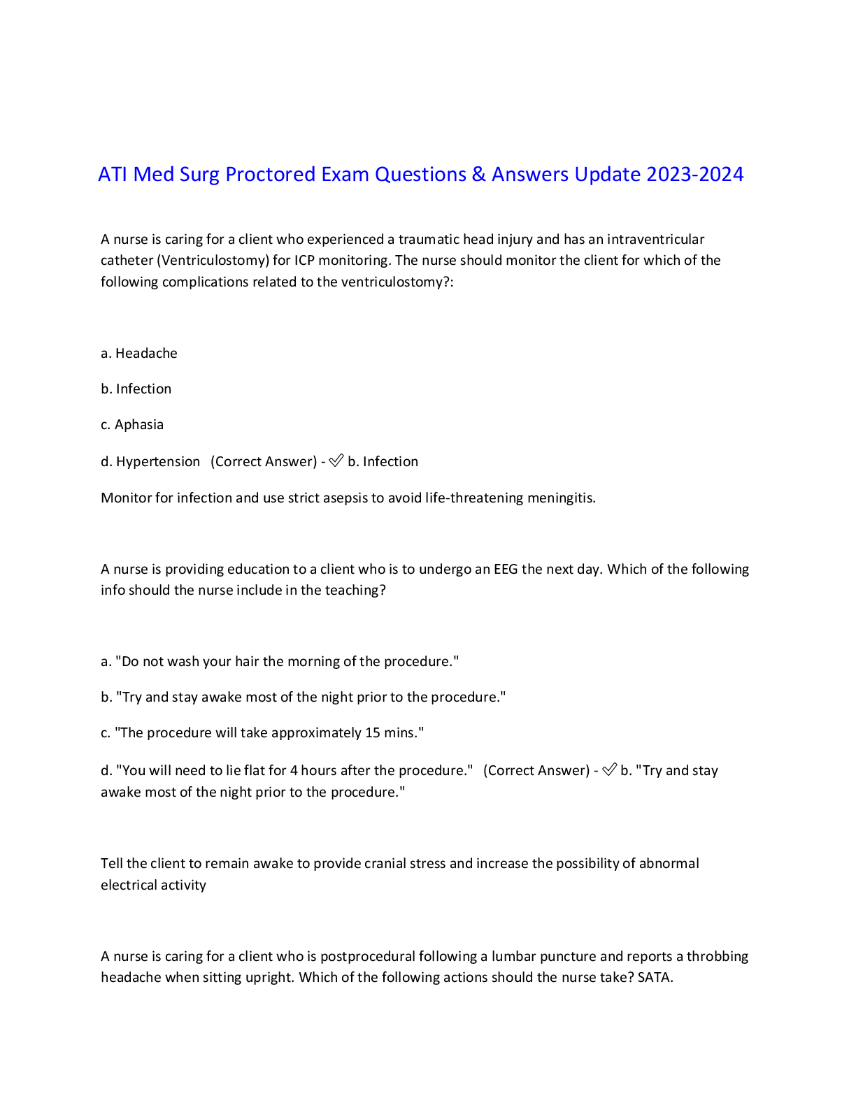 Recommended document preview for Test Bank ATI Med Surg Proctored Exam Questions & Answers Update 2023-2024