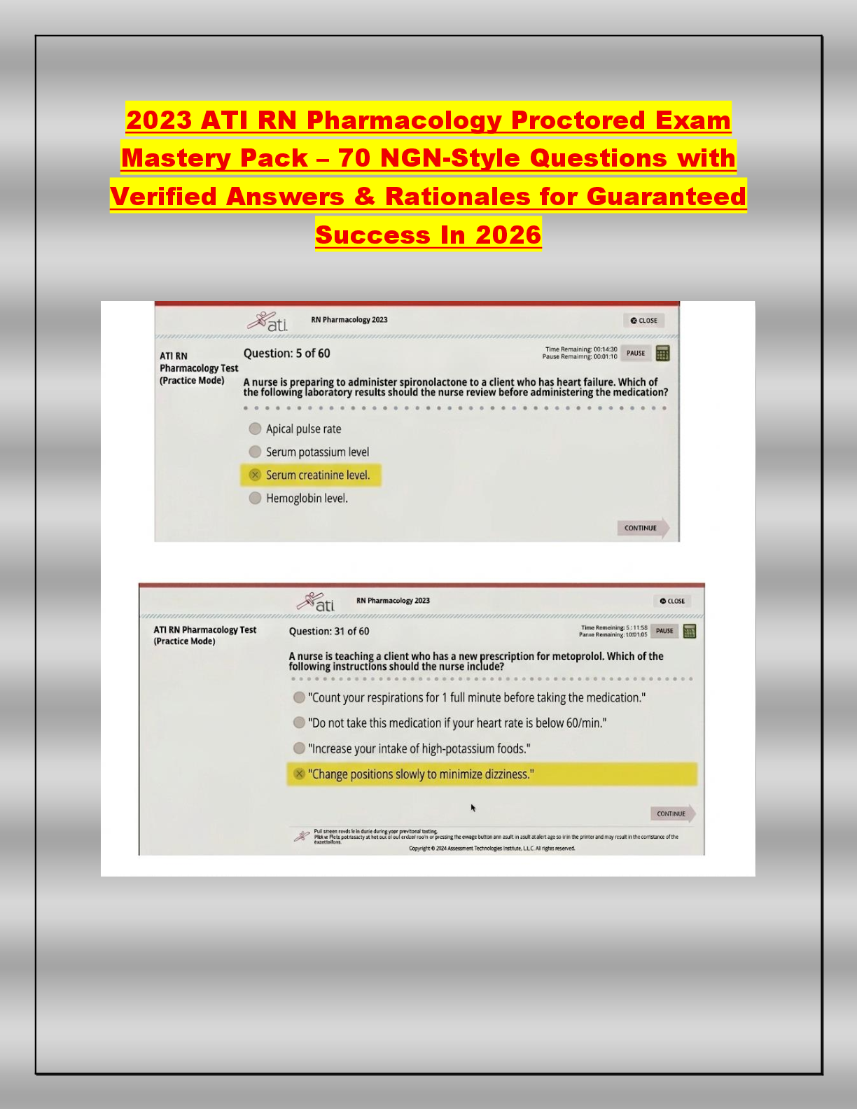 Preview of 2023 ATI RN Pharmacology Proctored Exam  Mastery Pack – 70 NGN-Style Questions with  Verified Answers & Rationales for Guaranteed  Success In 2026