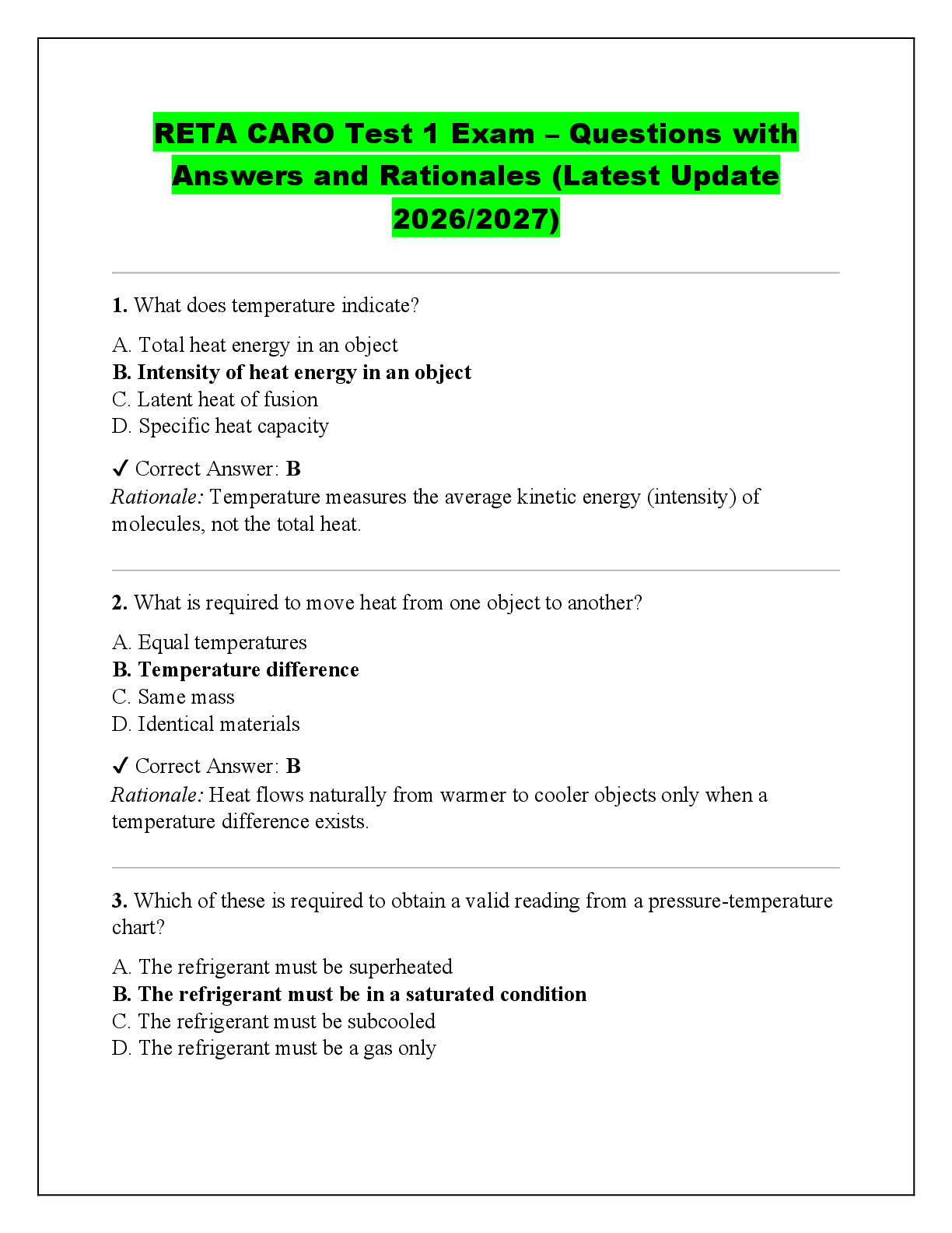 Recommended document preview for RETA CARO Test 1 Exam – Questions with  Answers and Rationales (Latest Update  2026/2027)