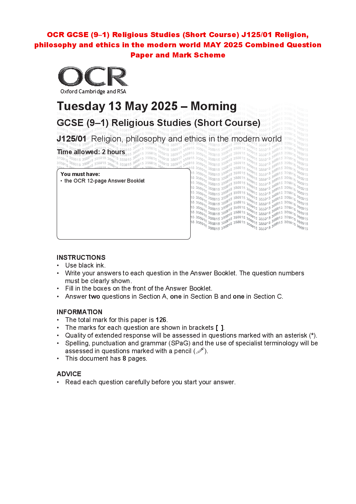 Recommended document preview for OCR GCSE (9–1) Psychology J203/01 Studies and applications in psychology MAY 2025 Combined Question Paper and Mark Scheme
