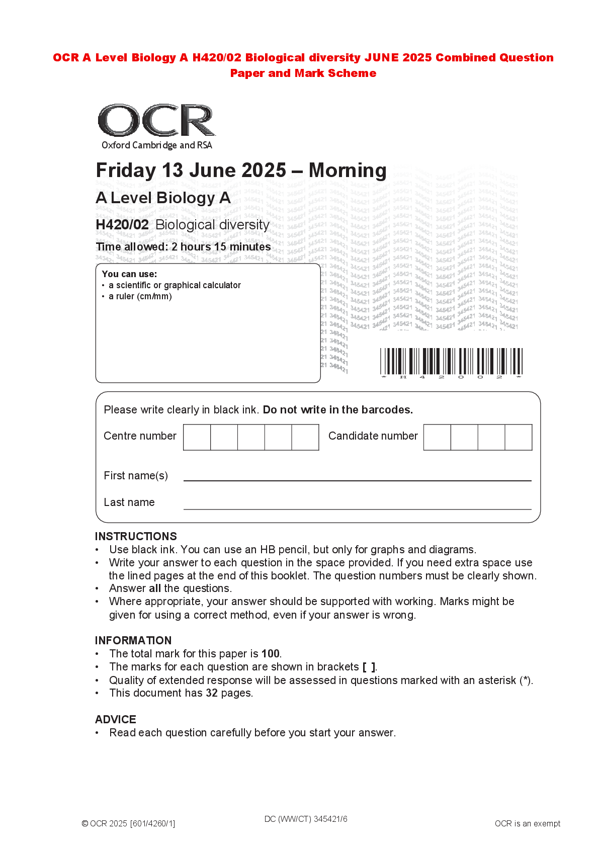 Recommended document preview for OCR A Level Biology A H420/02 Biological diversity JUNE 2025 Combined Question Paper and Mark Scheme