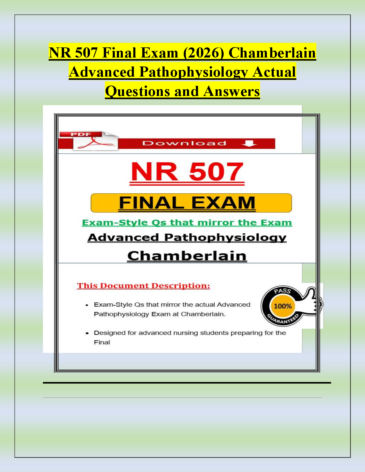 Preview of NR 507 Final Exam (2026) Chamberlain  Advanced Pathophysiology Actual  Questions and Answers