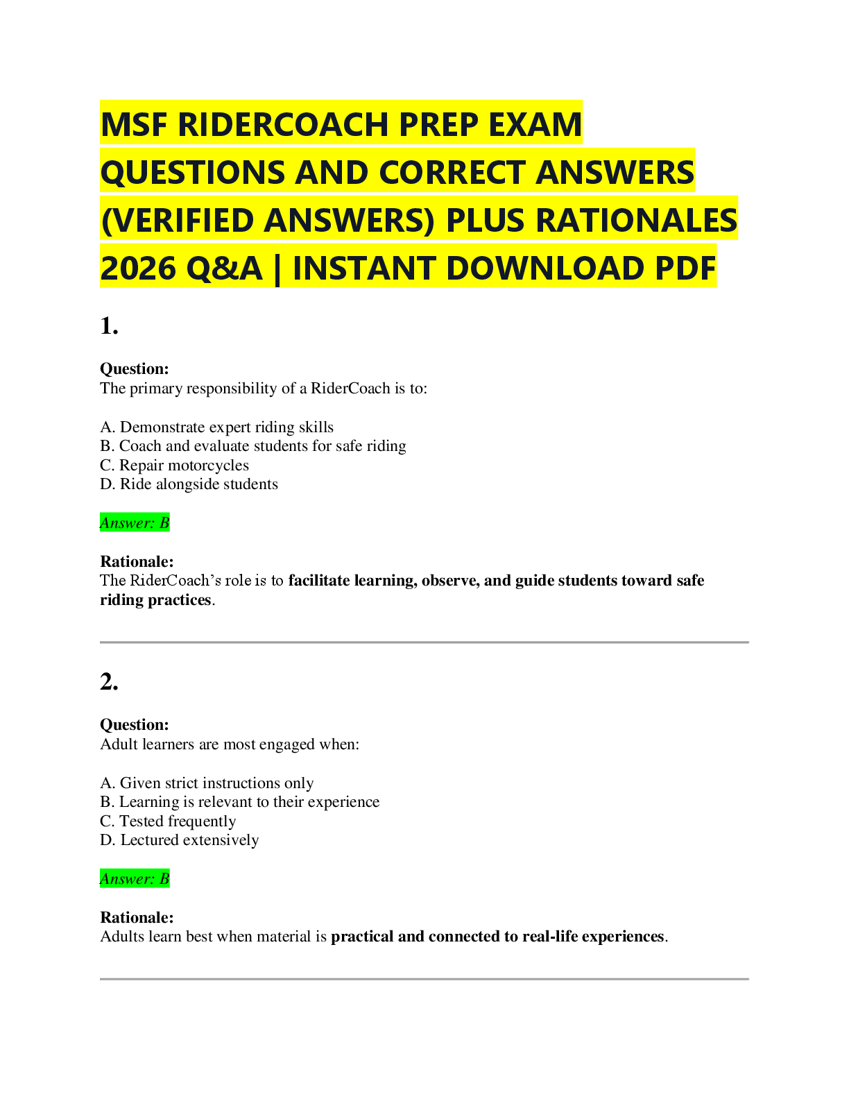 Recommended document preview for MSF RIDERCOACH PREP EXAM  QUESTIONS AND CORRECT ANSWERS  (VERIFIED ANSWERS) PLUS RATIONALES  2026 Q&A | INSTANT DOWNLOAD PDF